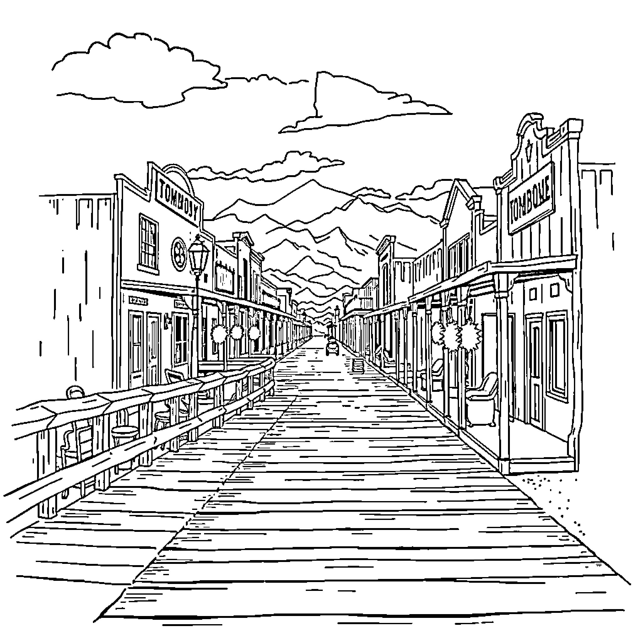 Tombstone: Old Western Town Street Scene Coloring Page (free black-and-white line drawing printable PDF for all, from beginners to advanced learners, including children, teens, adults, and seniors)