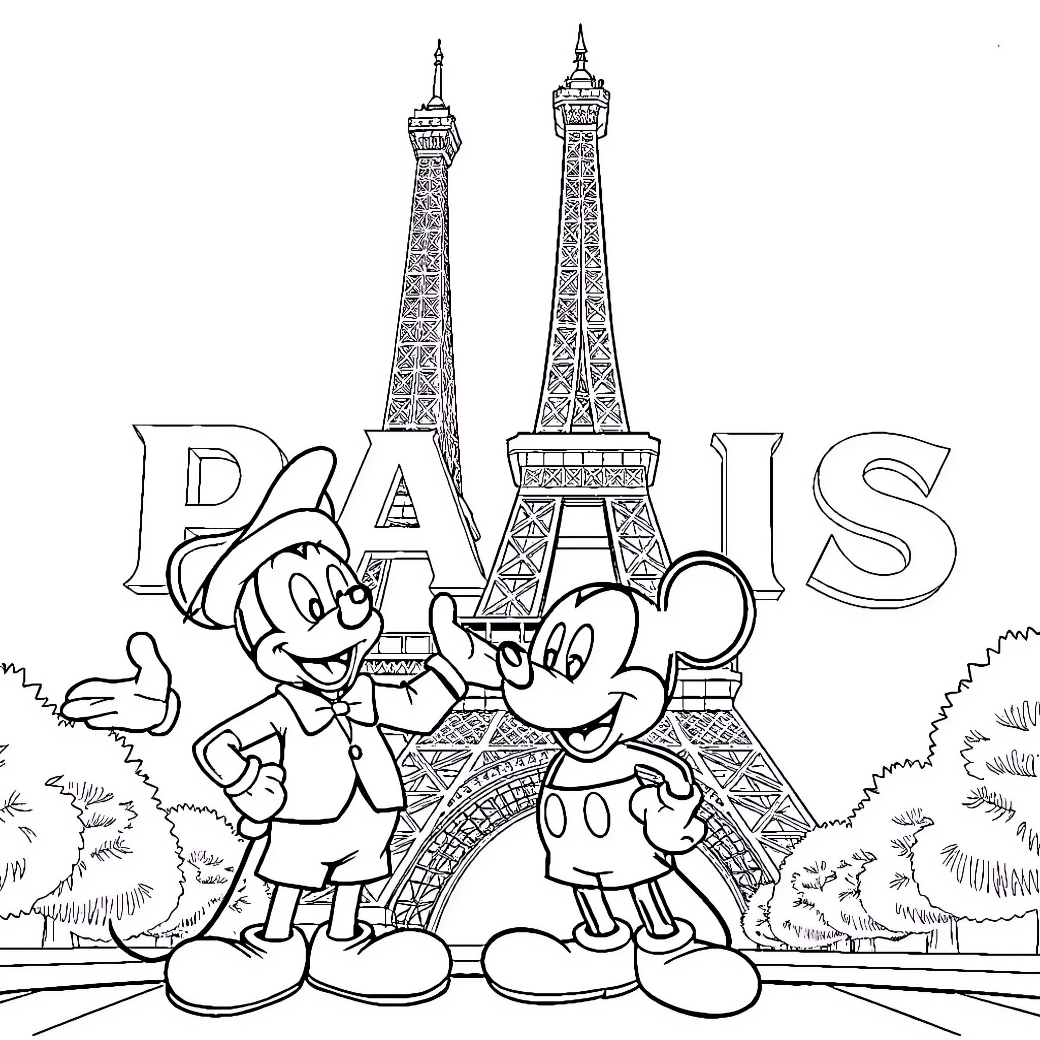 Mickey and Friends Explore the Eiffel Tower in Paris Coloring Page (free black-and-white line drawing printable PDF for all, from beginners to advanced learners, including children, teens, adults, and seniors)
