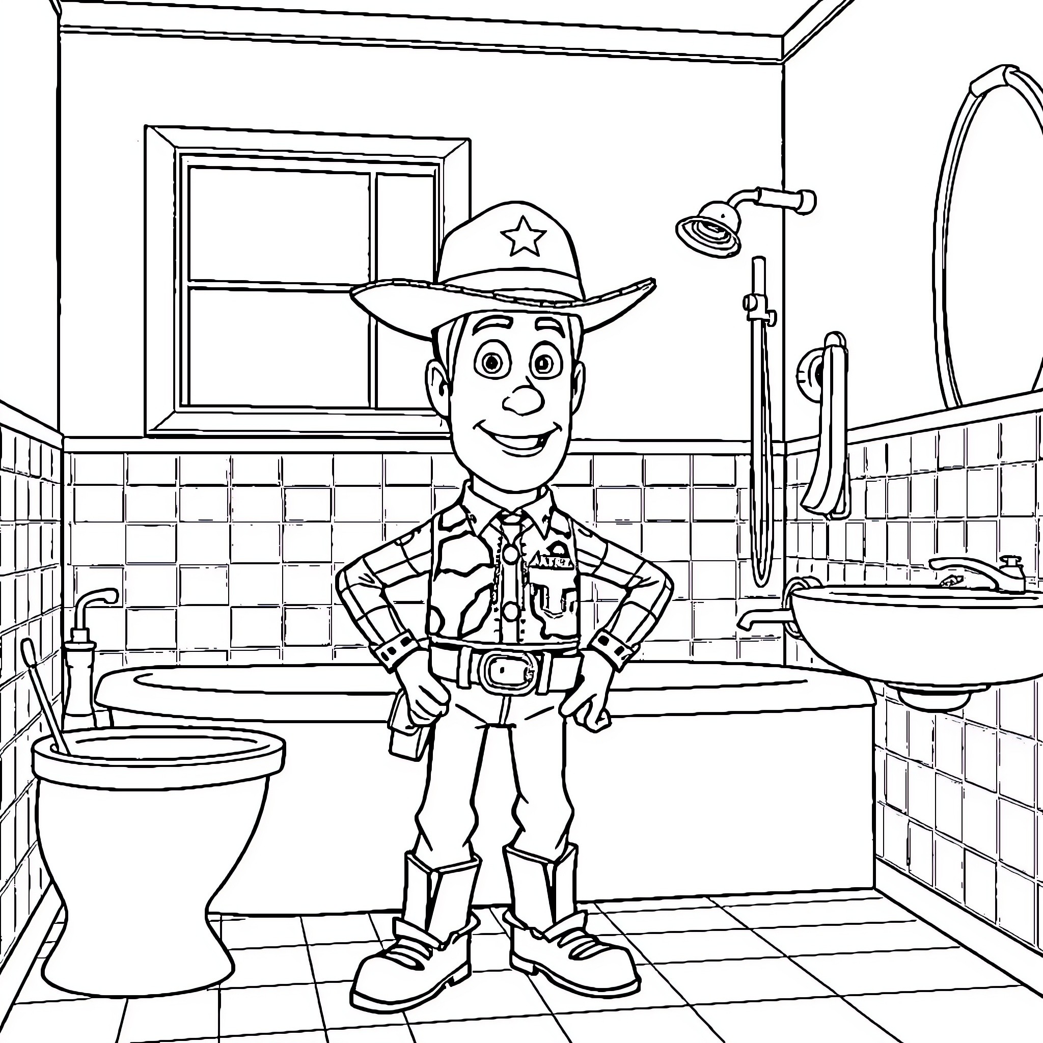 Woody's Fun Bathroom Adventure Coloring Page (free black-and-white line drawing printable PDF for all, from beginners to advanced learners, including children, teens, adults, and seniors)