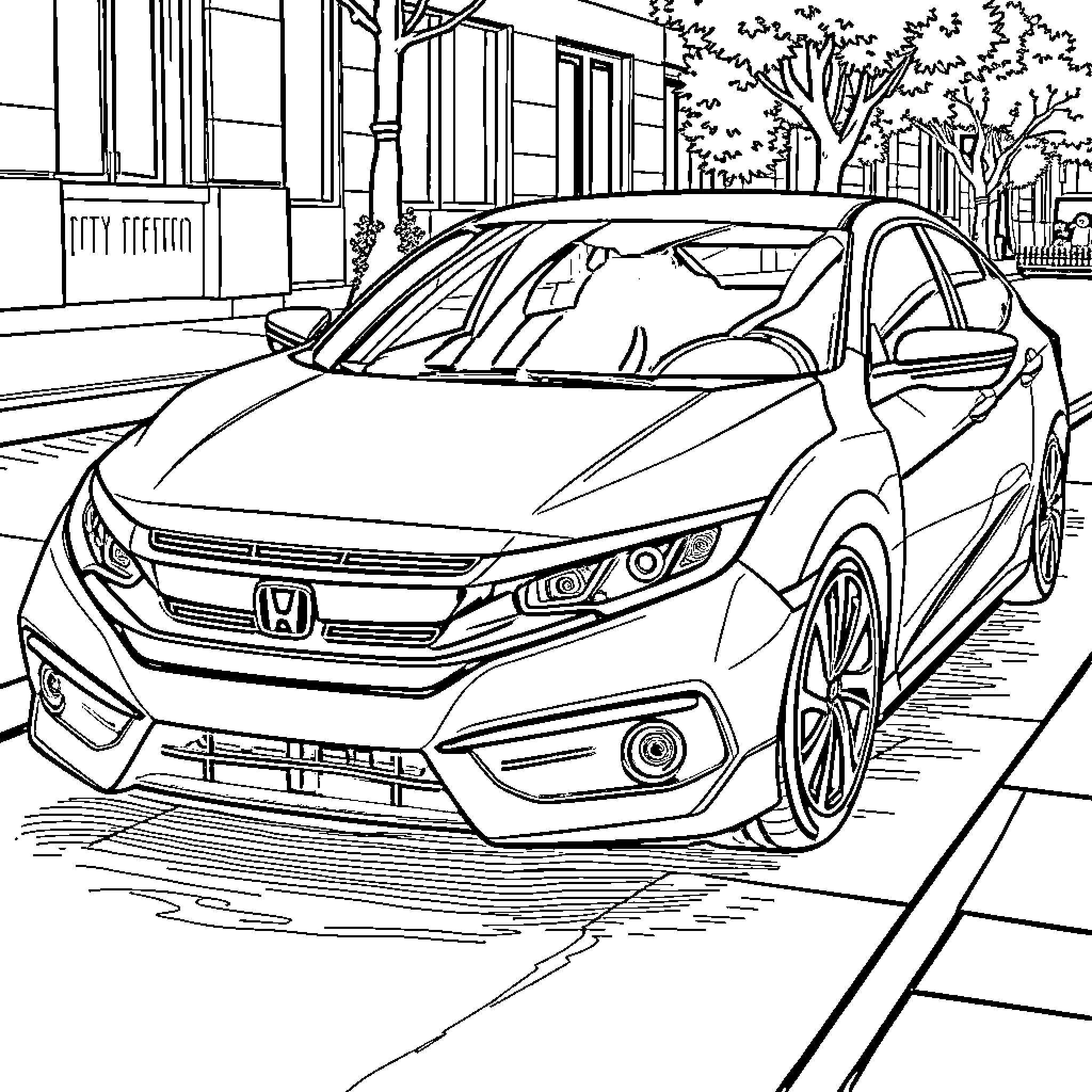 Honda Civic parked on city street Coloring Page (free black-and-white line drawing printable PDF for all, from beginners to advanced learners, including children, teens, adults, and seniors)