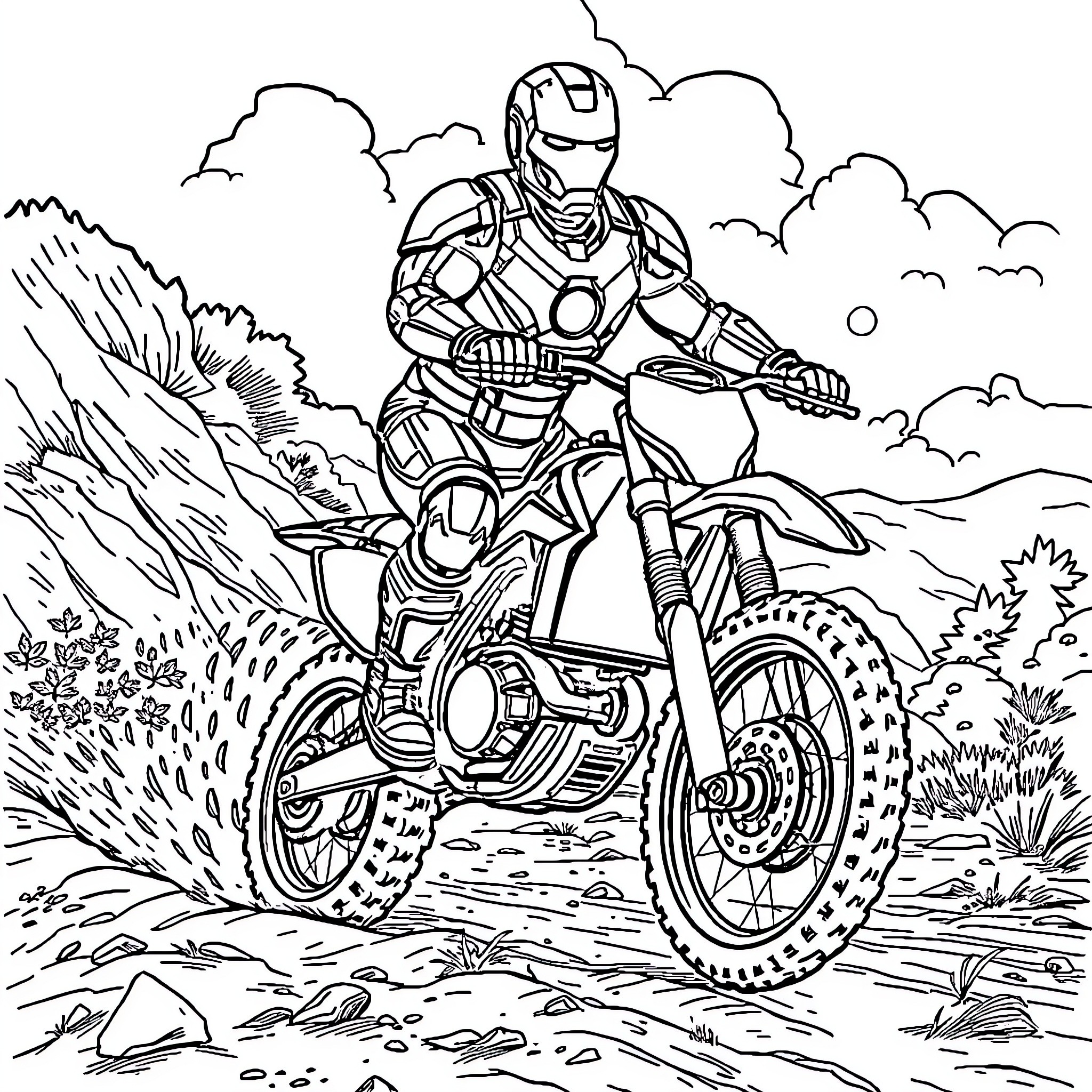 Ironman riding a dirt bike through the wilderness Coloring Page (free black-and-white line drawing printable PDF for all, from beginners to advanced learners, including children, teens, adults, and seniors)