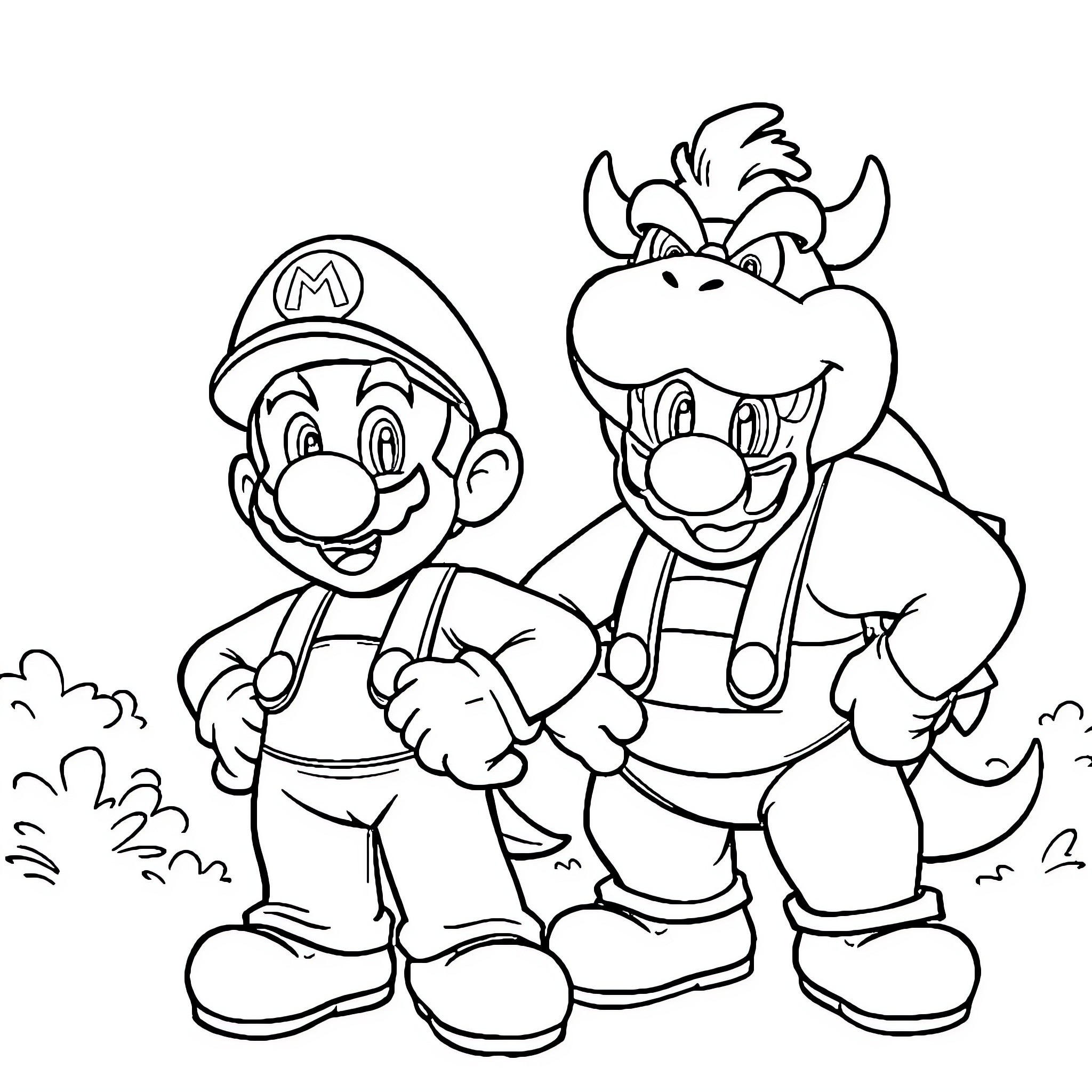 Mario and Bowser in a lighthearted scene Coloring Page (free black-and-white line drawing printable PDF for all, from beginners to advanced learners, including children, teens, adults, and seniors)
