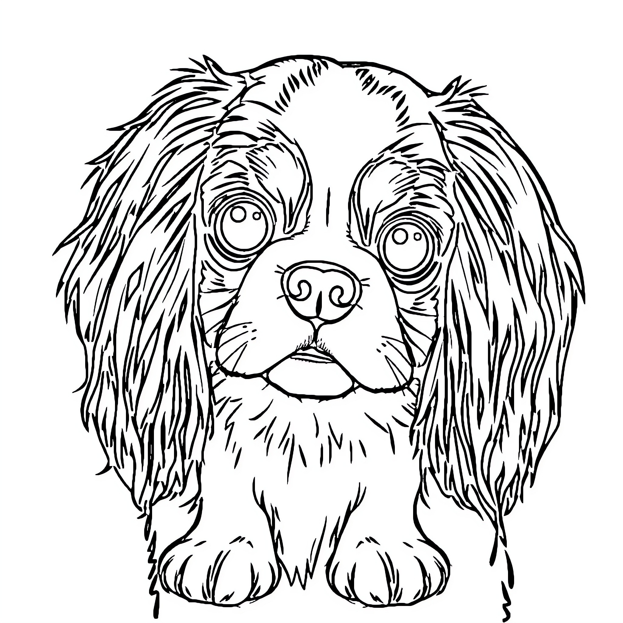 Cavalier King Charles Spaniel with Expressive Face Coloring Page (free black-and-white line drawing printable PDF for all, from beginners to advanced learners, including children, teens, adults, and seniors)