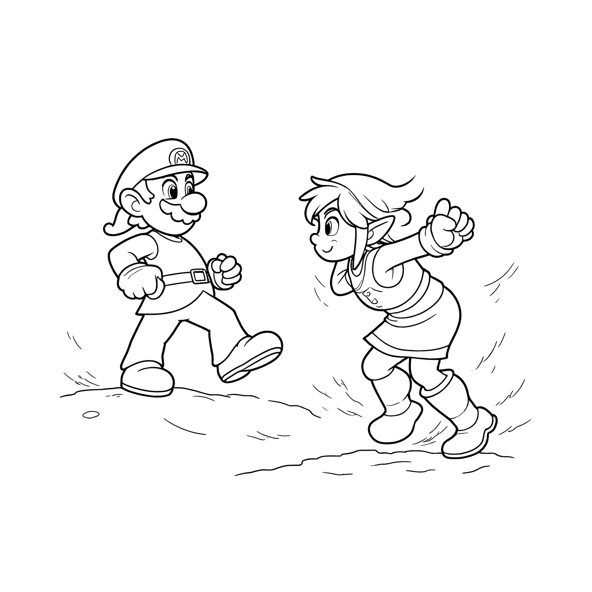 Link Chasing a Mischievous Companion Coloring Page (free black-and-white line drawing printable PDF for all, from beginners to advanced learners, including children, teens, adults, and seniors)