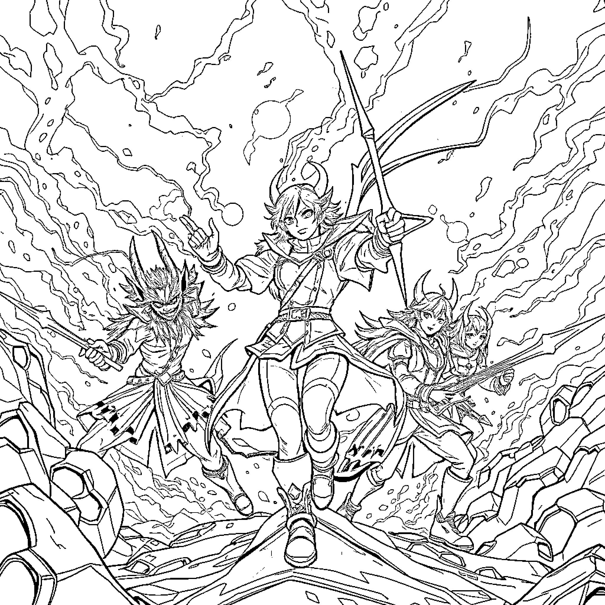Demon Hunter Battling Fierce Enemies in Epic Showdown Coloring Page (free black-and-white line drawing printable PDF for all, from beginners to advanced learners, including children, teens, adults, and seniors)
