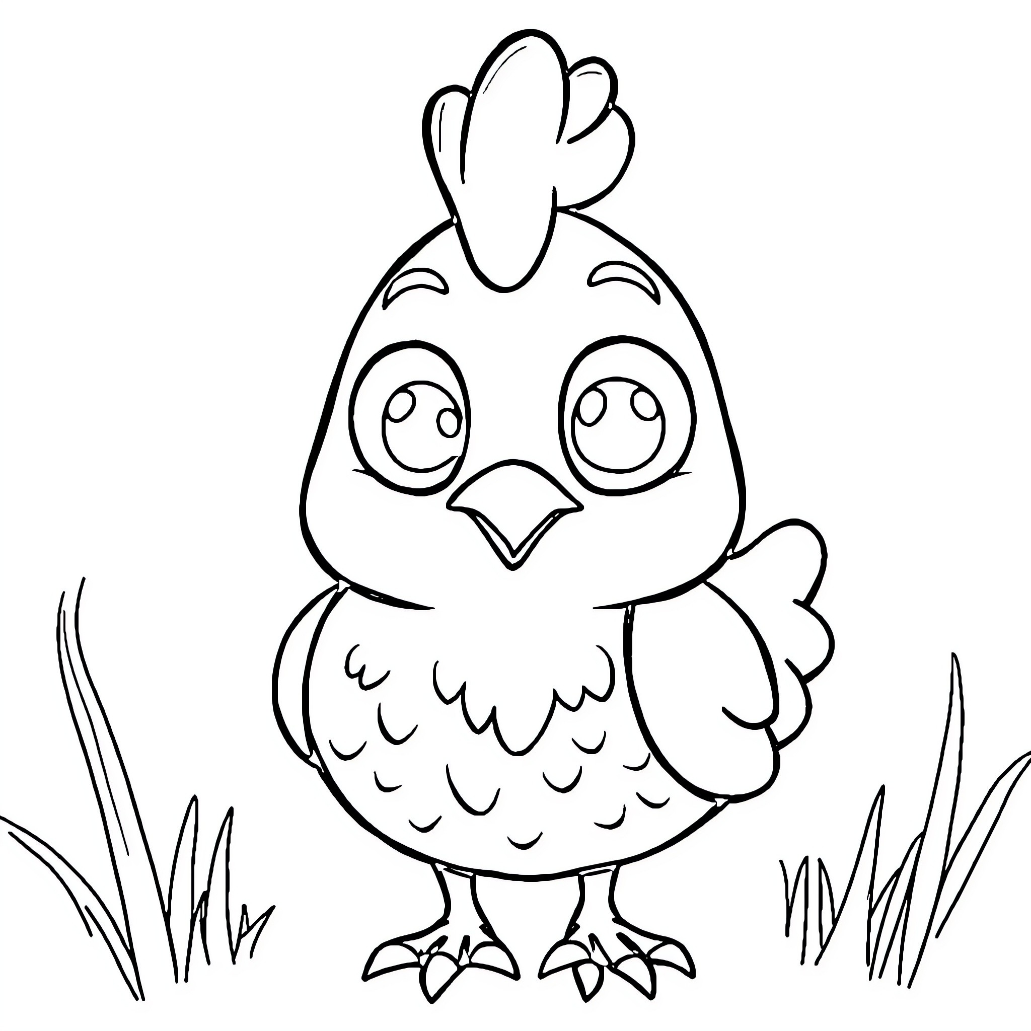 Hen in a whimsical pose on the grass Coloring Page (free black-and-white line drawing printable PDF for all, from beginners to advanced learners, including children, teens, adults, and seniors)