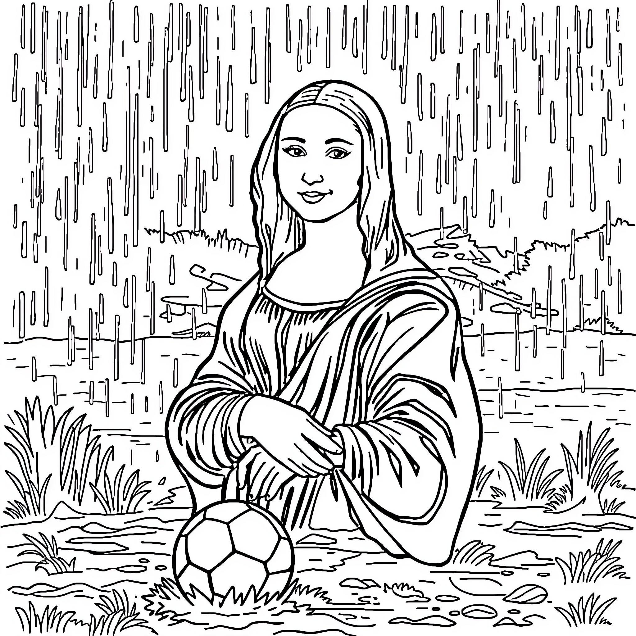 Mona Lisa playing with soccer ball in the rain Coloring Page (free black-and-white line drawing printable PDF for all, from beginners to advanced learners, including children, teens, adults, and seniors)