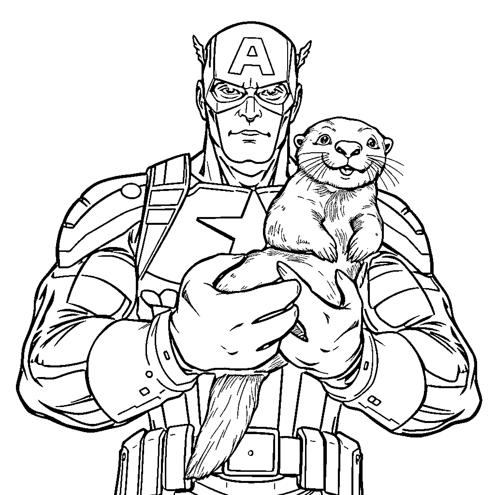 Captain America Holding a Cute Otter Companion Coloring Page (free black-and-white line drawing printable PDF for all, from beginners to advanced learners, including children, teens, adults, and seniors)