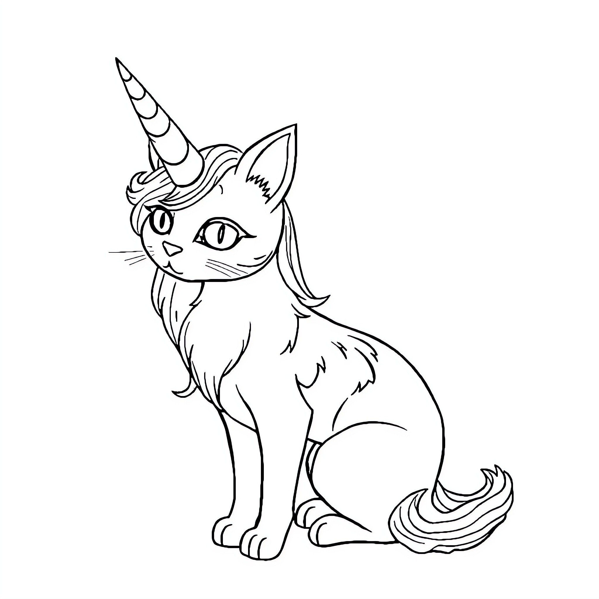 Cat Unicorn with Unicorn Horn Coloring Page (free black-and-white line drawing printable PDF for all, from beginners to advanced learners, including children, teens, adults, and seniors)