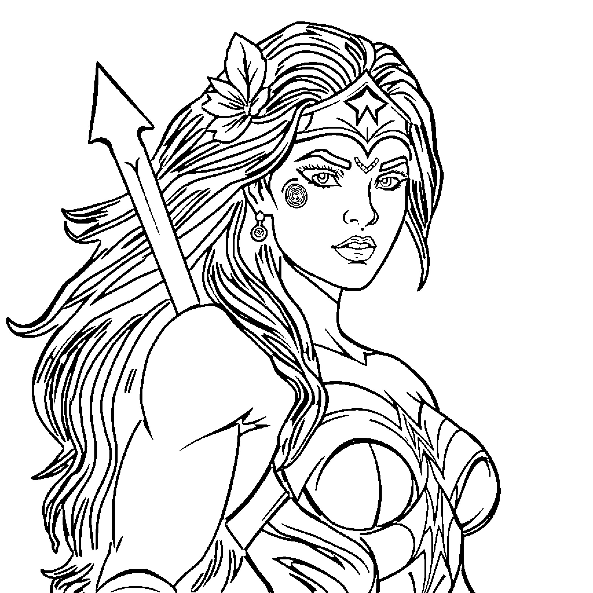 Wonder Woman in Action Pose with Superhero Outfit Coloring Page (free black-and-white line drawing printable PDF for all, from beginners to advanced learners, including children, teens, adults, and seniors)