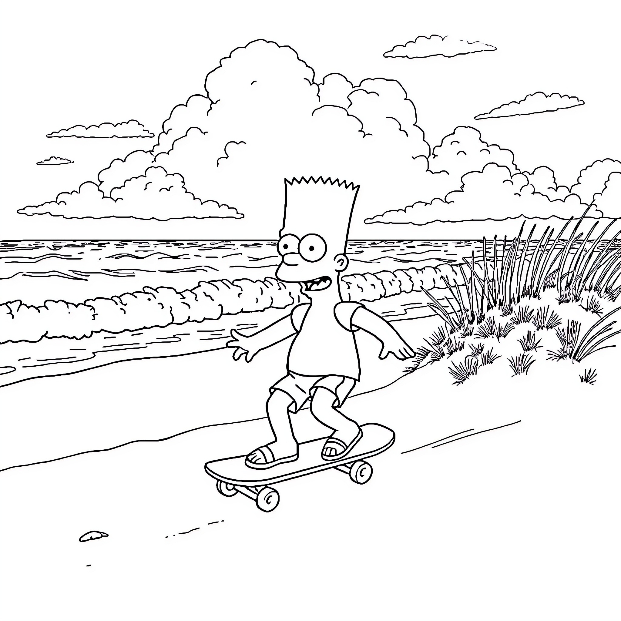 Bart Simpson skateboarding by the ocean Coloring Page (free black-and-white line drawing printable PDF for all, from beginners to advanced learners, including children, teens, adults, and seniors)
