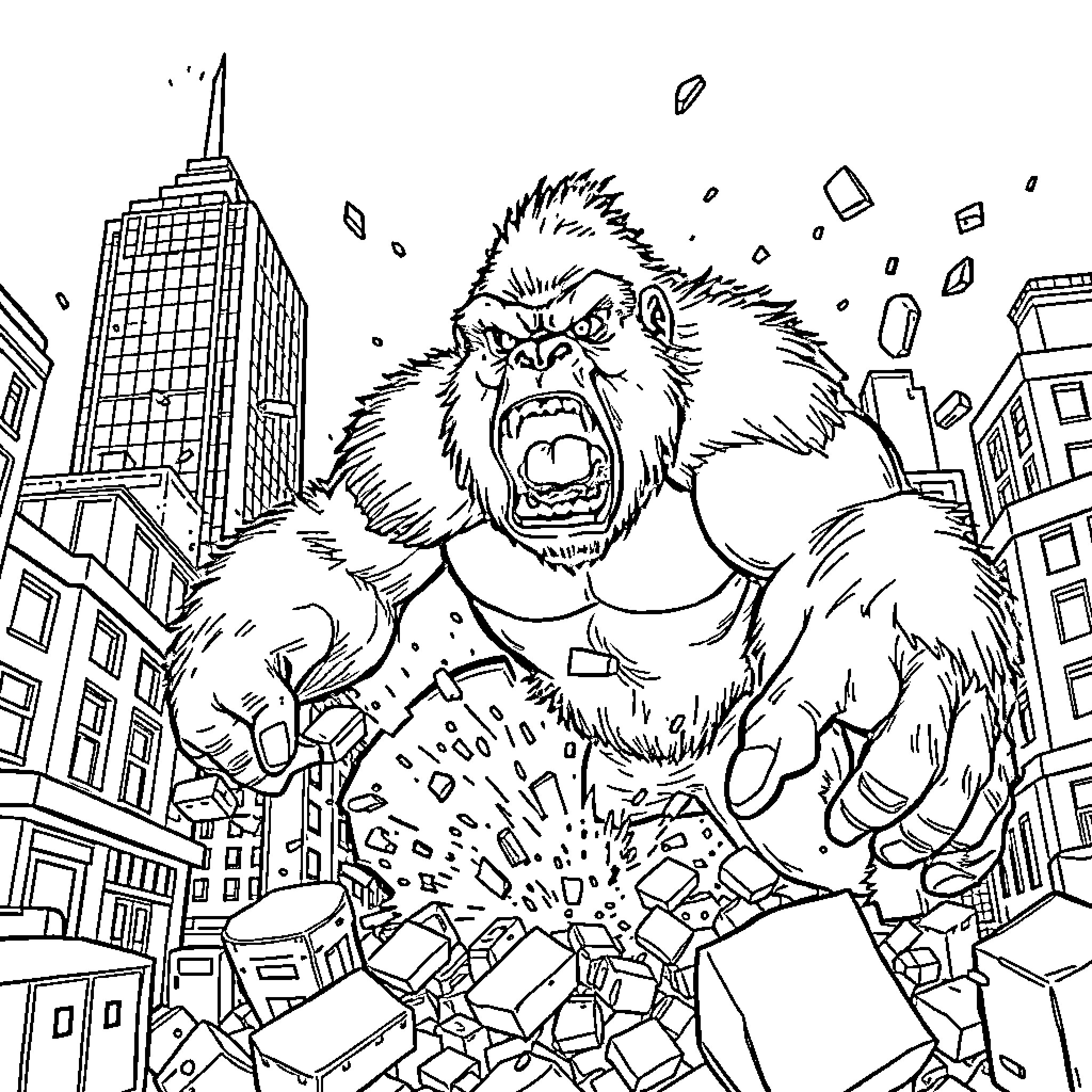 Gorilla rampaging through the city Coloring Page (free black-and-white line drawing printable PDF for all, from beginners to advanced learners, including children, teens, adults, and seniors)