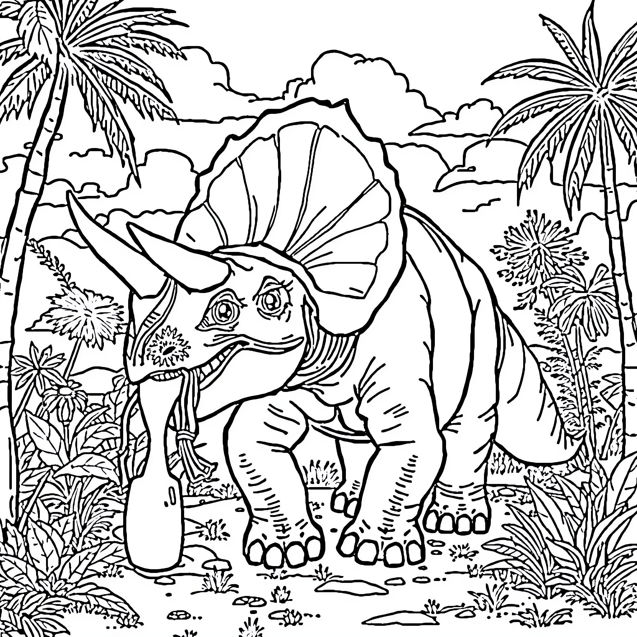 Triceratops roaming through the tropical landscape Coloring Page (free black-and-white line drawing printable PDF for all, from beginners to advanced learners, including children, teens, adults, and seniors)