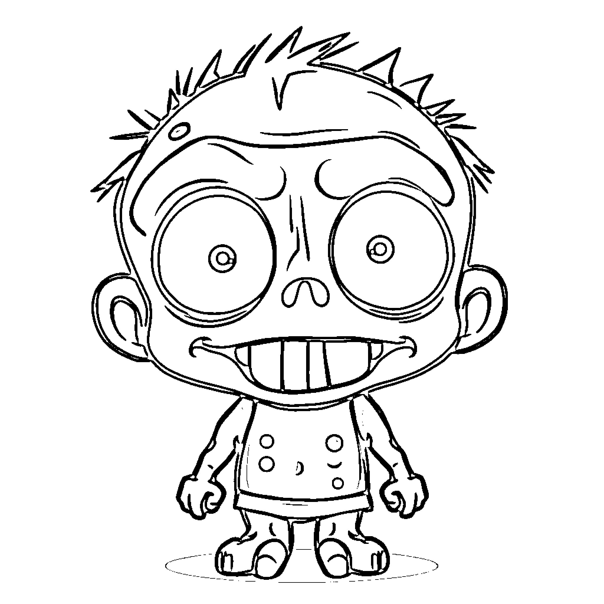 Zombie Boy with Exaggerated Features Coloring Page (free black-and-white line drawing printable PDF for all, from beginners to advanced learners, including children, teens, adults, and seniors)