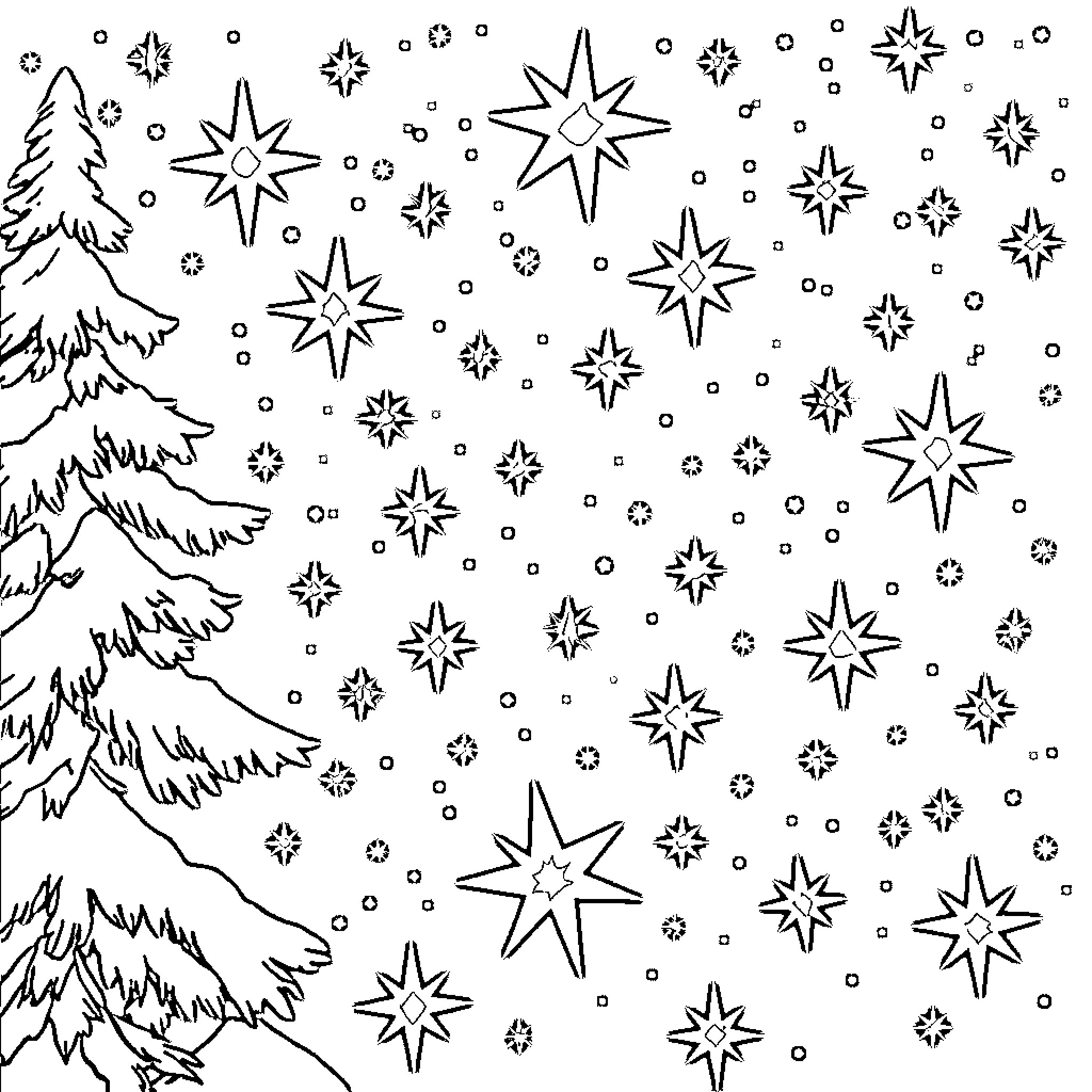 Christmas Snowy Scene with Twinkling Stars Coloring Page (free black-and-white line drawing printable PDF for all, from beginners to advanced learners, including children, teens, adults, and seniors)