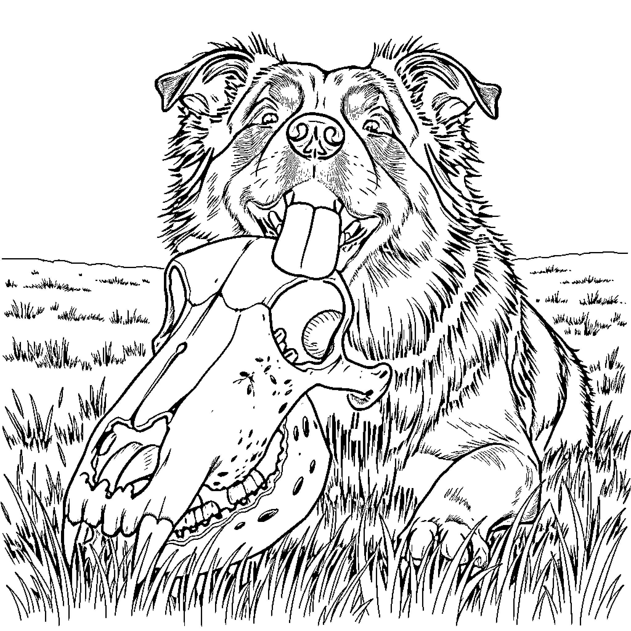 Dog playing joyfully with a toy in the grass Coloring Page (free black-and-white line drawing printable PDF for all, from beginners to advanced learners, including children, teens, adults, and seniors)