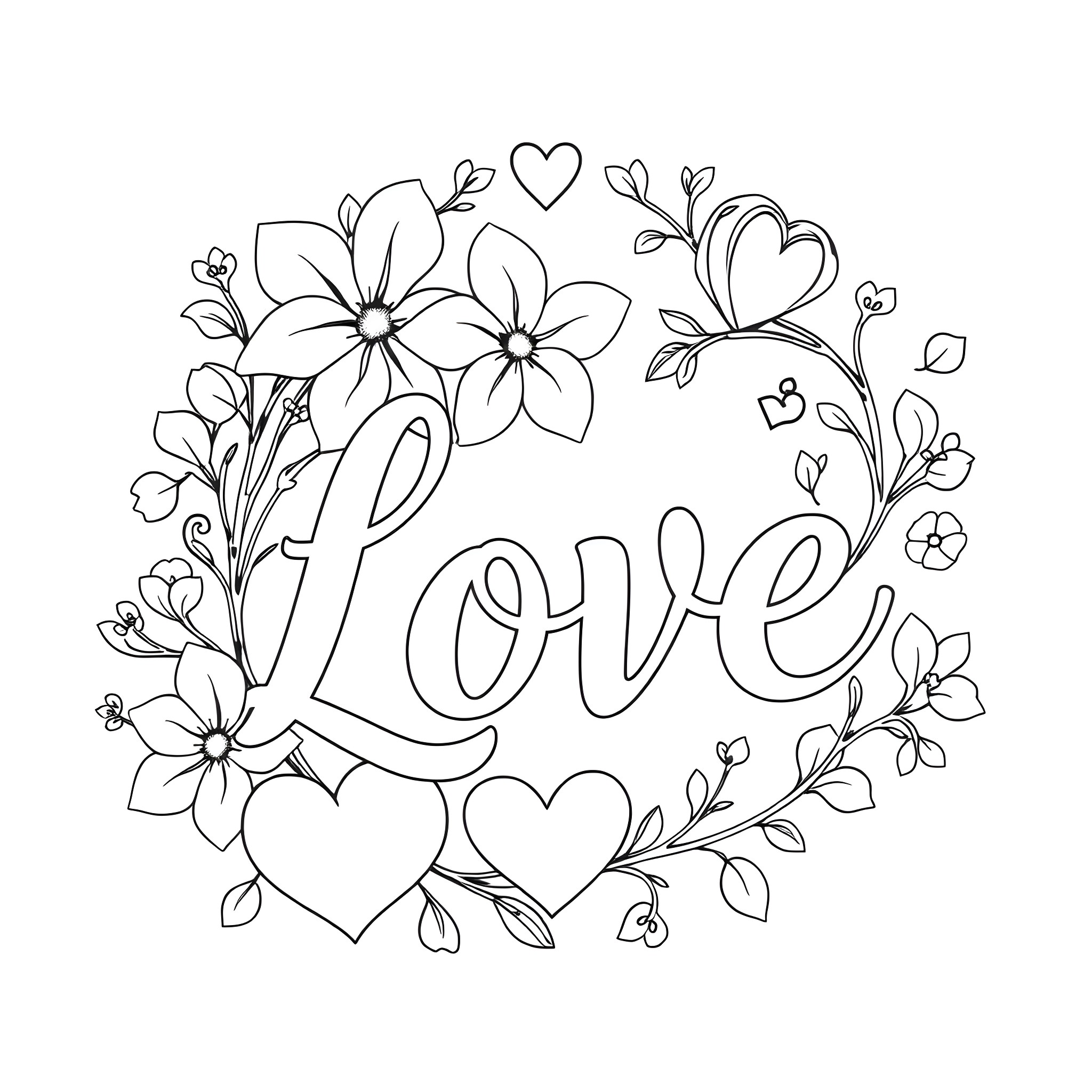 Font with floral wreath and hearts Coloring Page (free black-and-white line drawing printable PDF for all, from beginners to advanced learners, including children, teens, adults, and seniors)