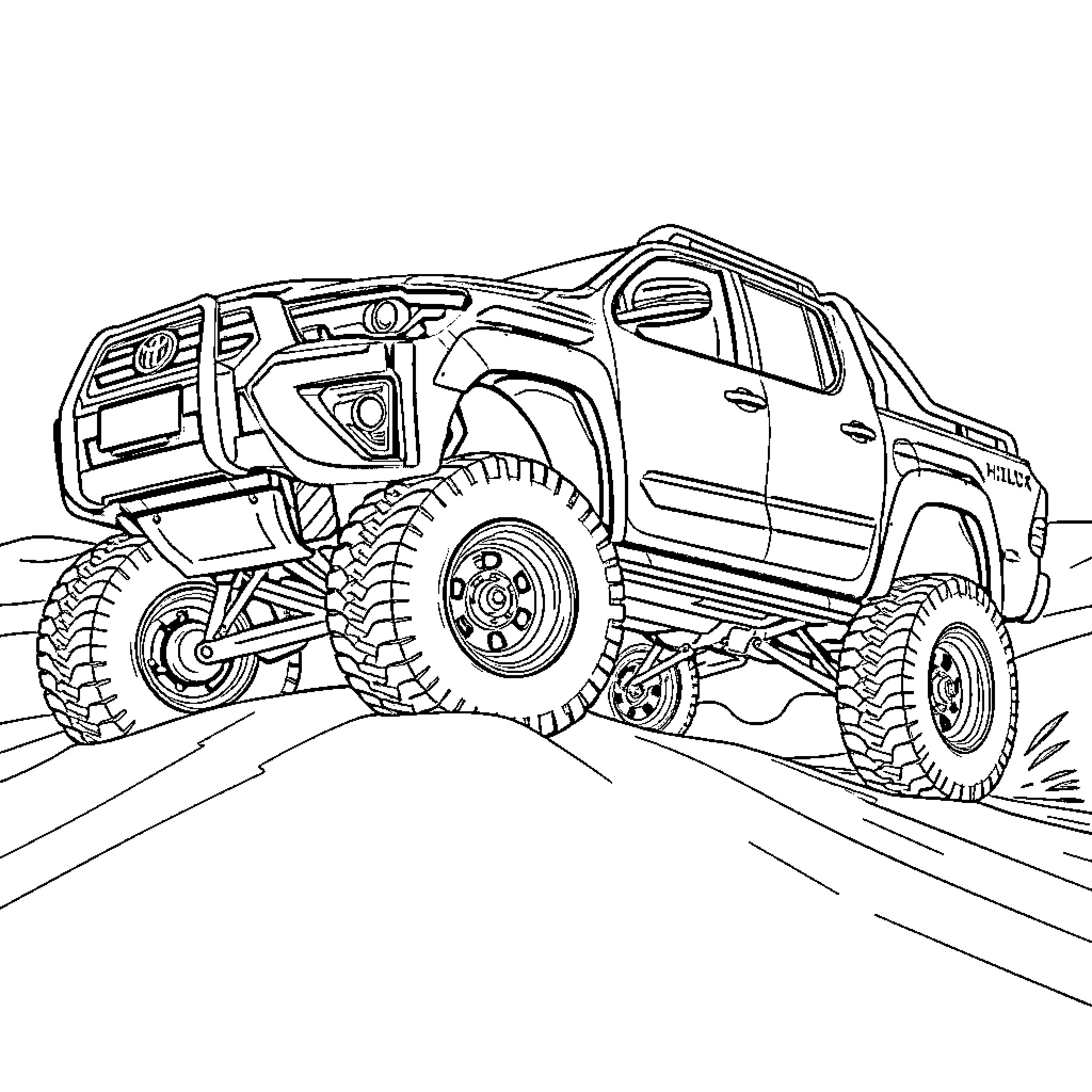 Hilux off-road adventure in rugged terrain Coloring Page (free black-and-white line drawing printable PDF for all, from beginners to advanced learners, including children, teens, adults, and seniors)