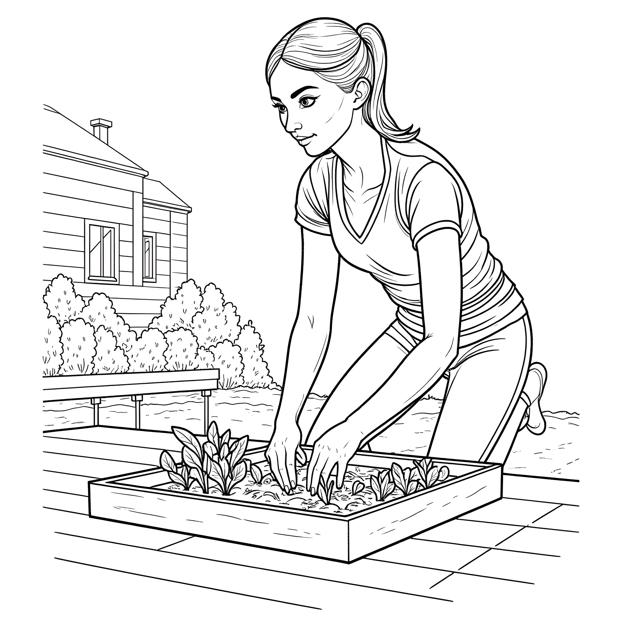 Woman gardening in her backyard Coloring Page (free black-and-white line drawing printable PDF for all, from beginners to advanced learners, including children, teens, adults, and seniors)