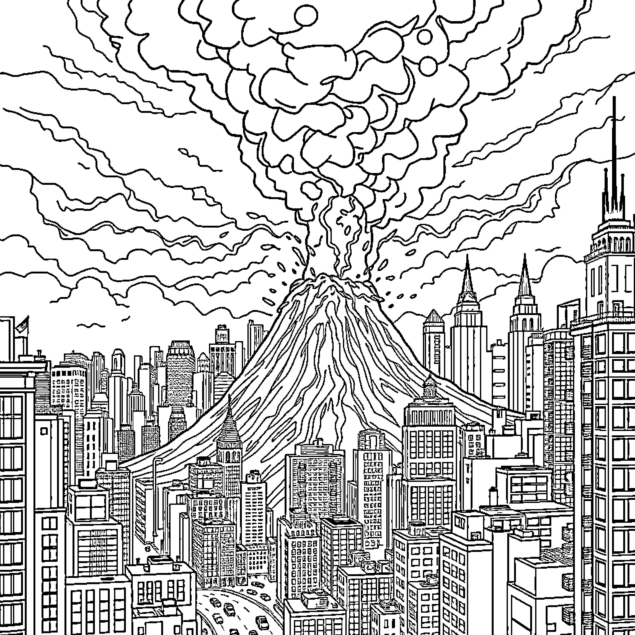 Volcano erupting over urban cityscape Coloring Page (free black-and-white line drawing printable PDF for all, from beginners to advanced learners, including children, teens, adults, and seniors)
