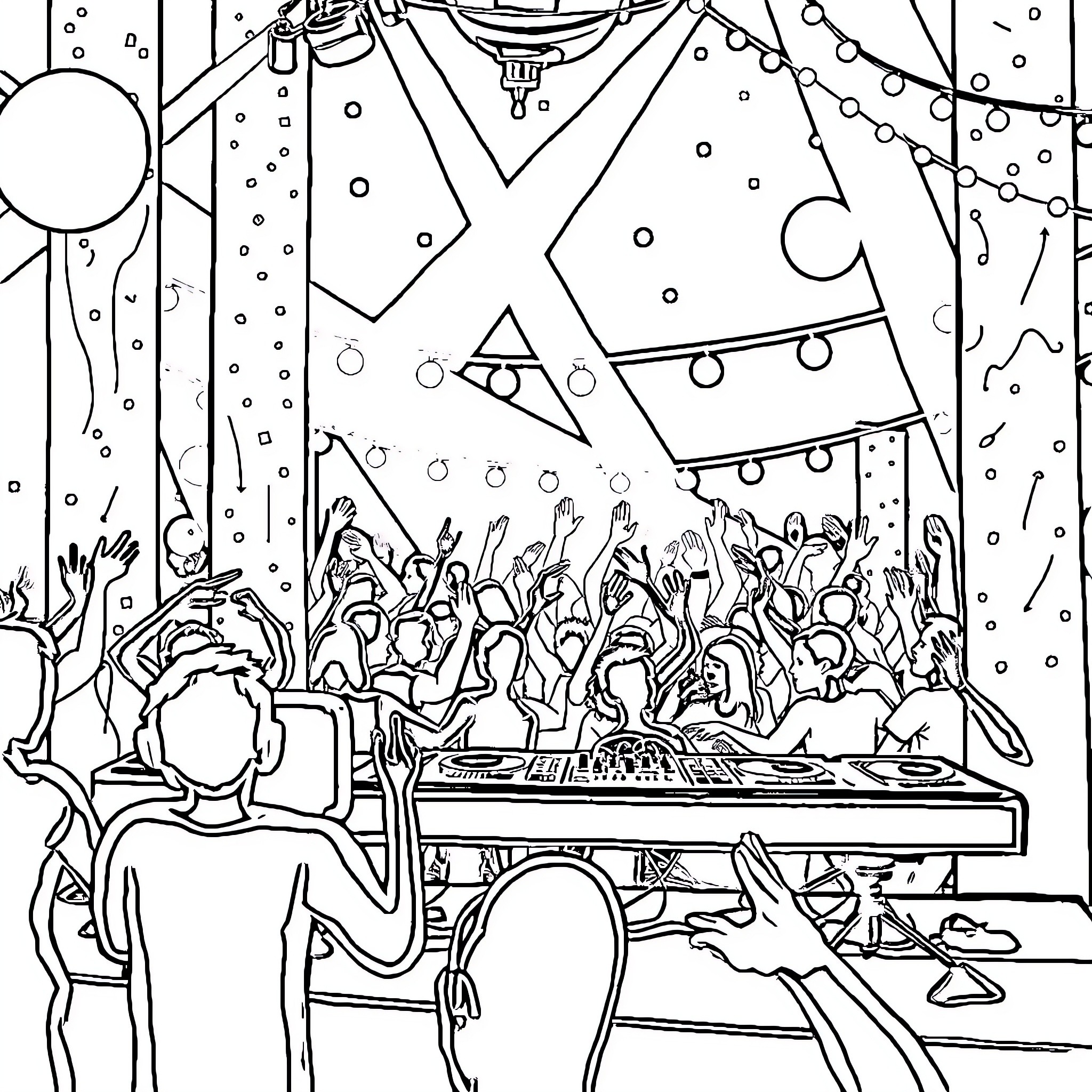 DJ spinning at a lively concert with energetic crowd Coloring Page (free black-and-white line drawing printable PDF for all, from beginners to advanced learners, including children, teens, adults, and seniors)
