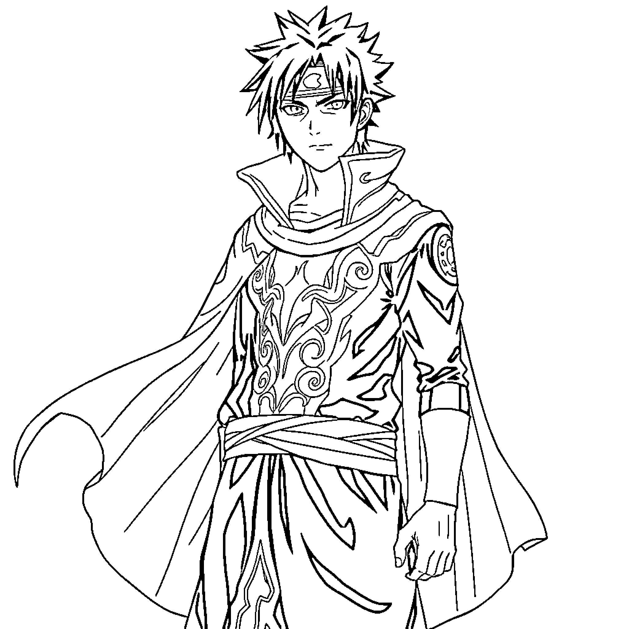 Sasuke in detailed ceremonial attire Coloring Page (free black-and-white line drawing printable PDF for all, from beginners to advanced learners, including children, teens, adults, and seniors)