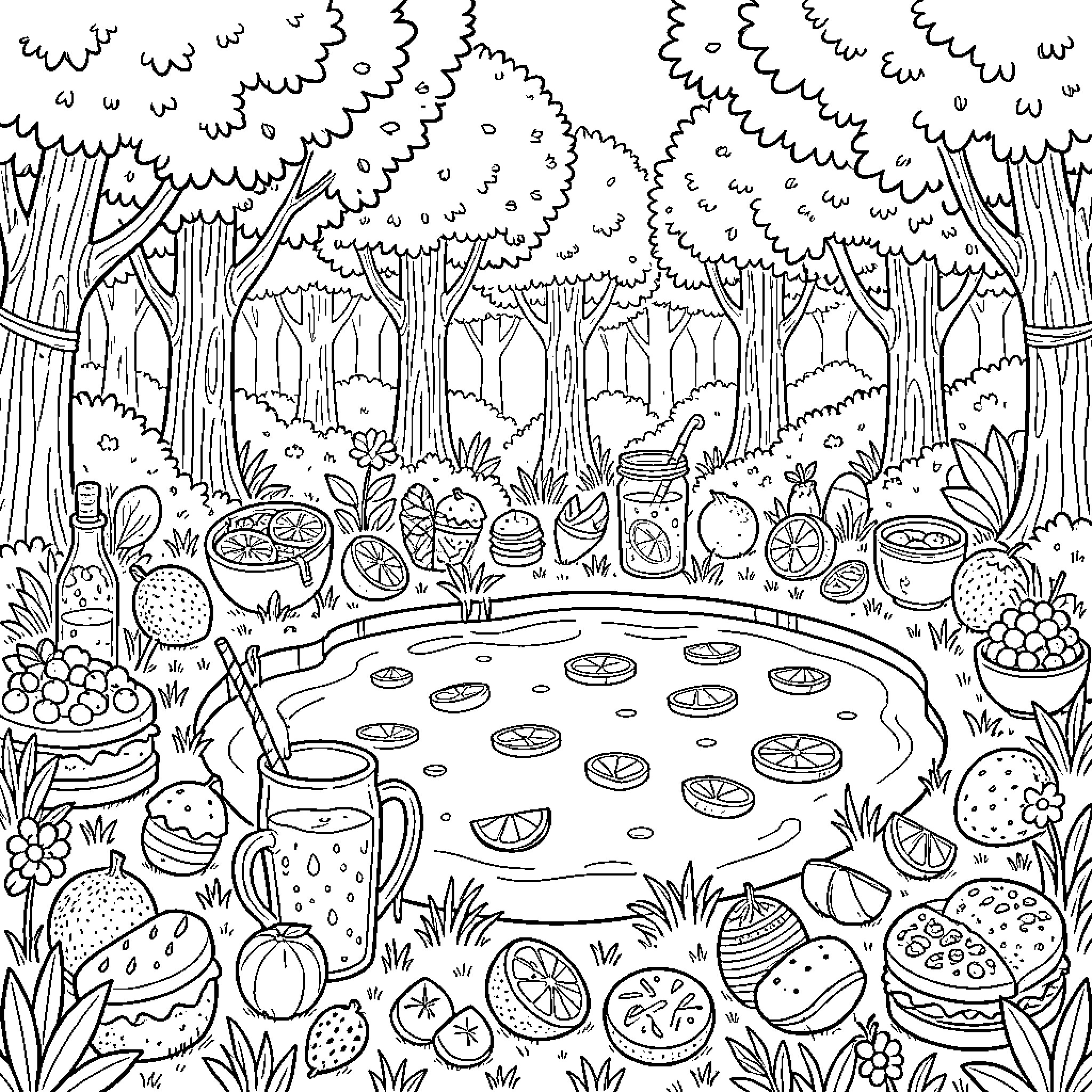 Forest picnic with various fruits and drinks on the ground Coloring Page (free black-and-white line drawing printable PDF for all, from beginners to advanced learners, including children, teens, adults, and seniors)