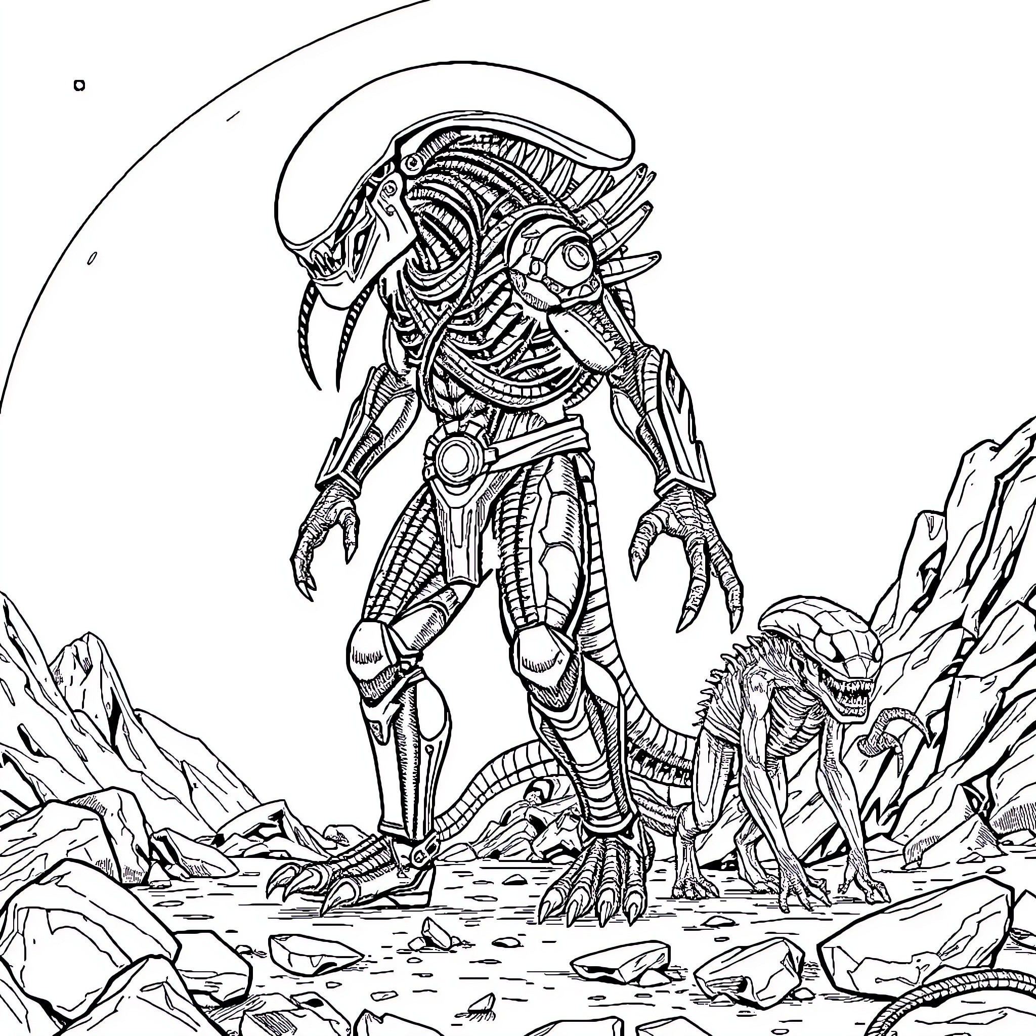 Predator Alien Confrontation on Desolate Terrain Coloring Page (free black-and-white line drawing printable PDF for all, from beginners to advanced learners, including children, teens, adults, and seniors)