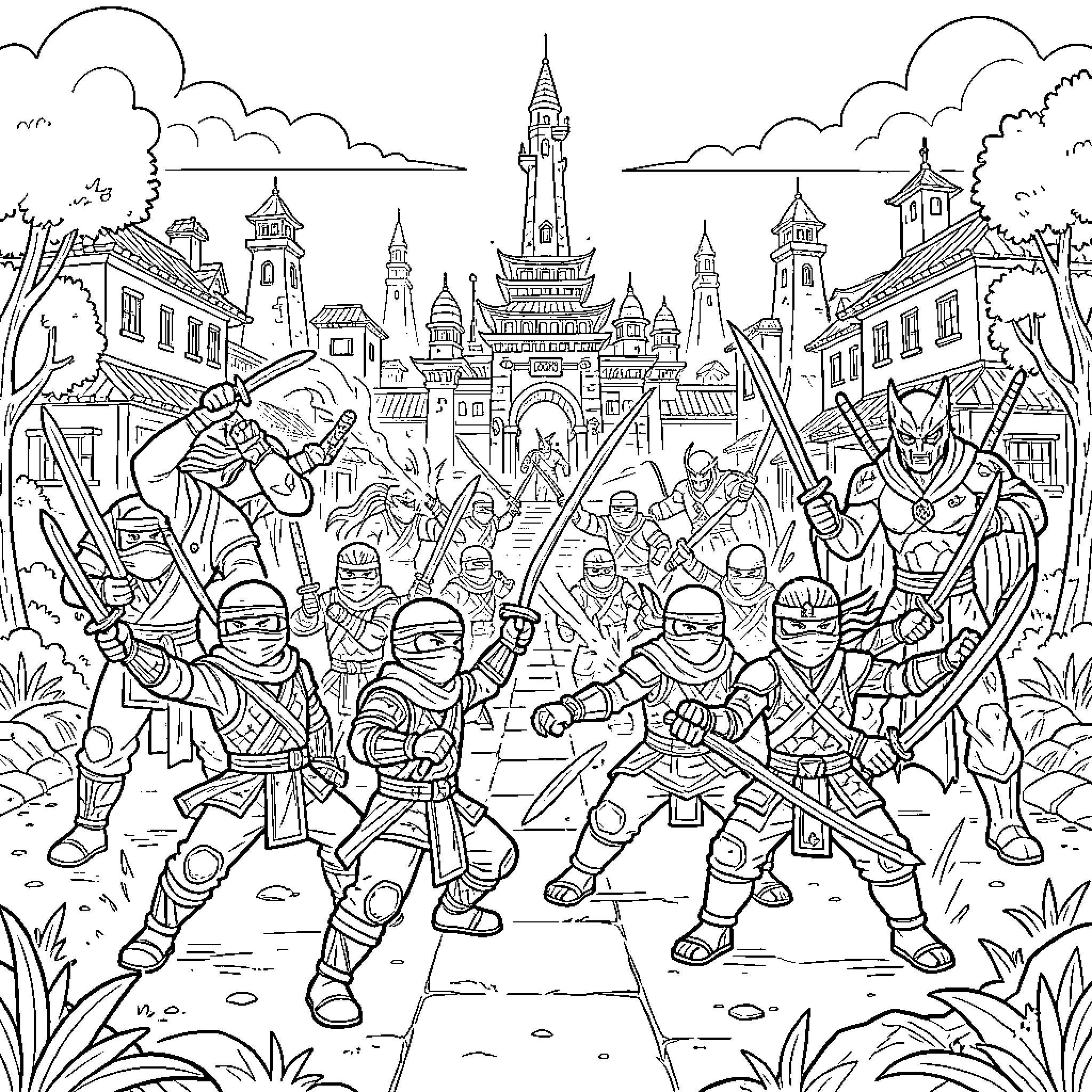 Ninjago warriors engaging in an epic battle scene Coloring Page (free black-and-white line drawing printable PDF for all, from beginners to advanced learners, including children, teens, adults, and seniors)