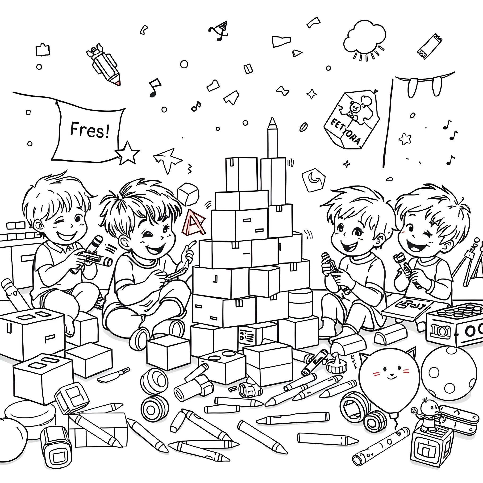 Kids enjoying creative playtime with toys and arts Coloring Page (free black-and-white line drawing printable PDF for all, from beginners to advanced learners, including children, teens, adults, and seniors)