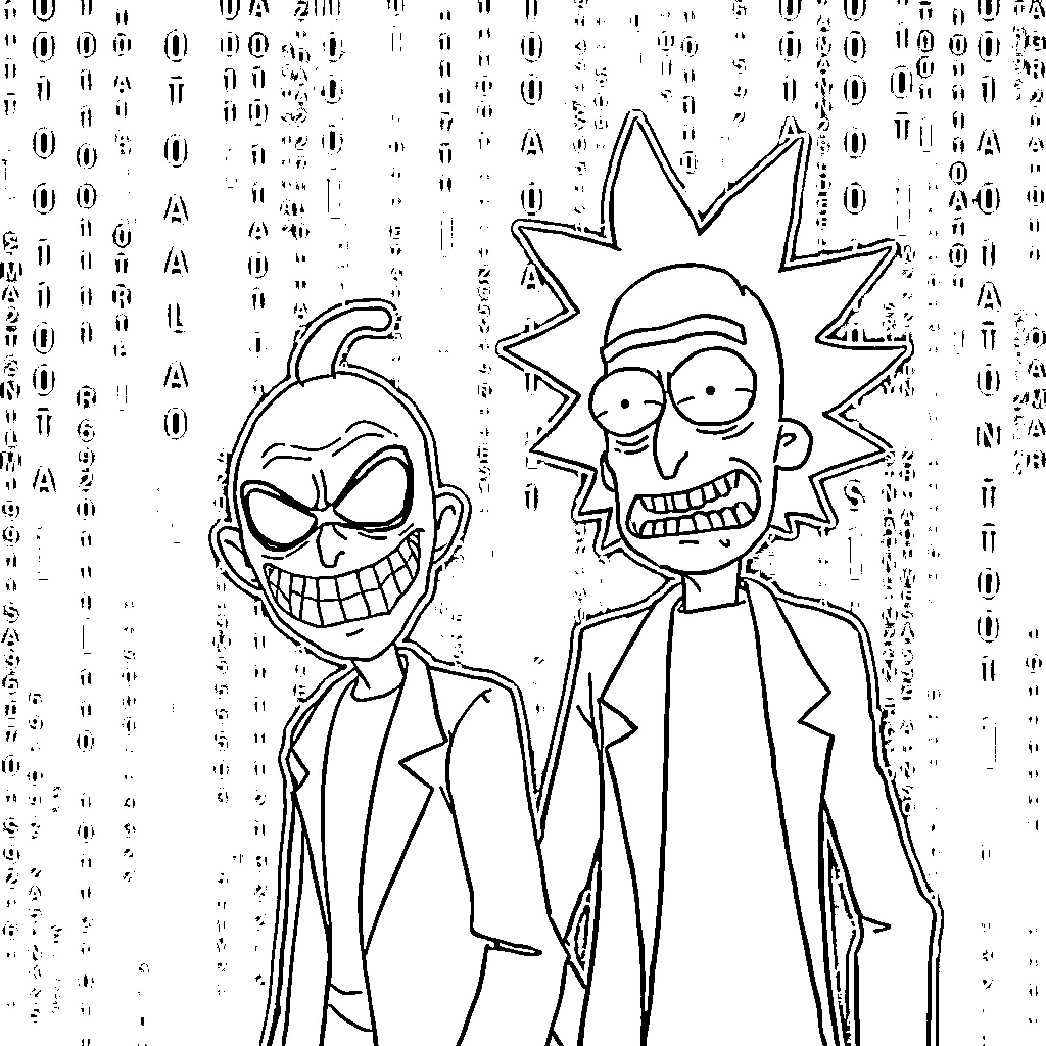 Rick and Morty in stylized outfits Coloring Page (free black-and-white line drawing printable PDF for all, from beginners to advanced learners, including children, teens, adults, and seniors)