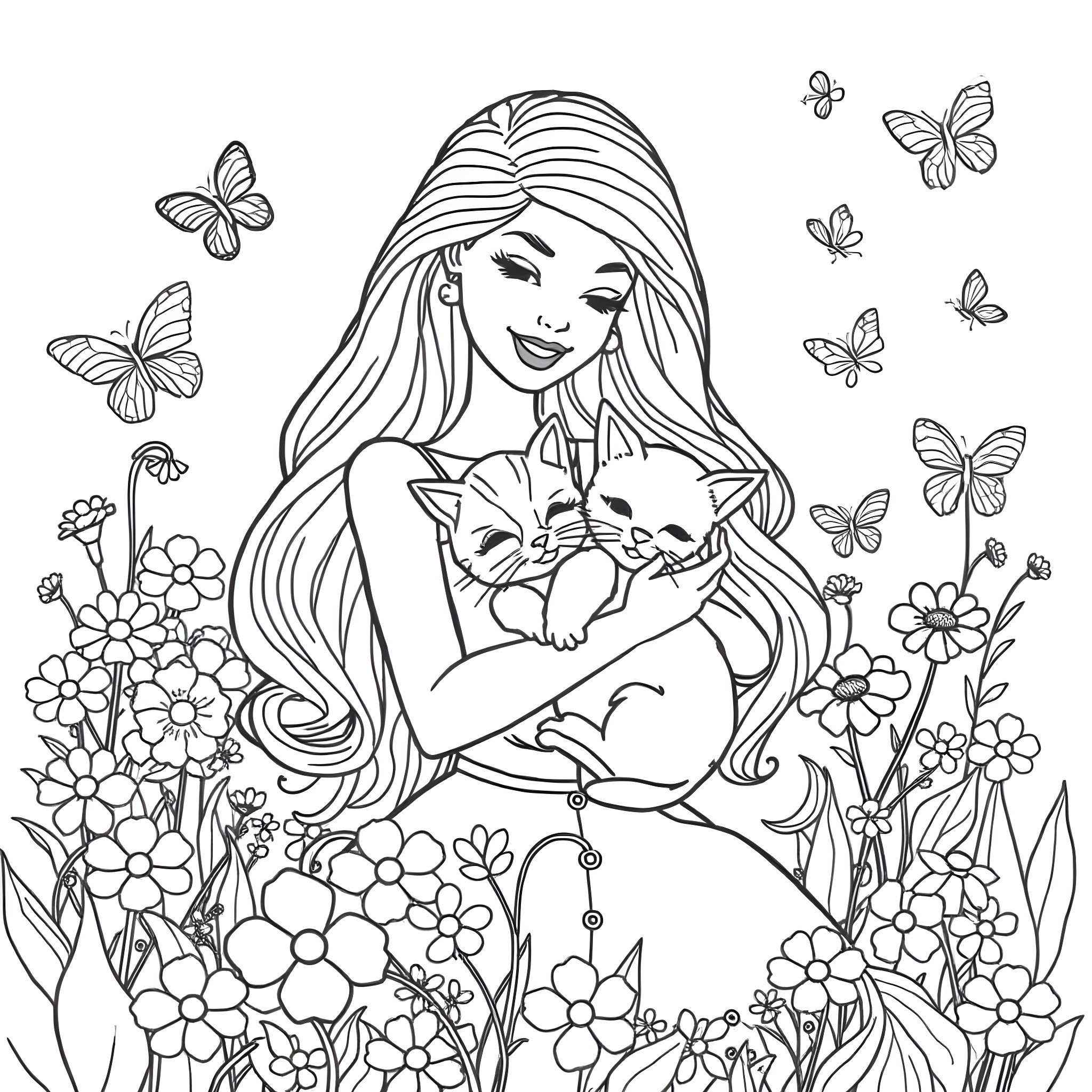 Barbie surrounded by butterflies and flowers Coloring Page (free black-and-white line drawing printable PDF for all, from beginners to advanced learners, including children, teens, adults, and seniors)