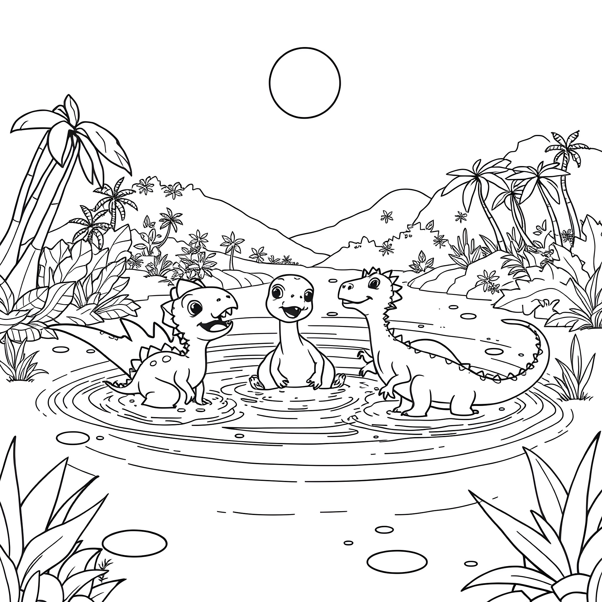Baby Dinosaurs Playing in a Tropical Landscape Coloring Page (free black-and-white line drawing printable PDF for all, from beginners to advanced learners, including children, teens, adults, and seniors)