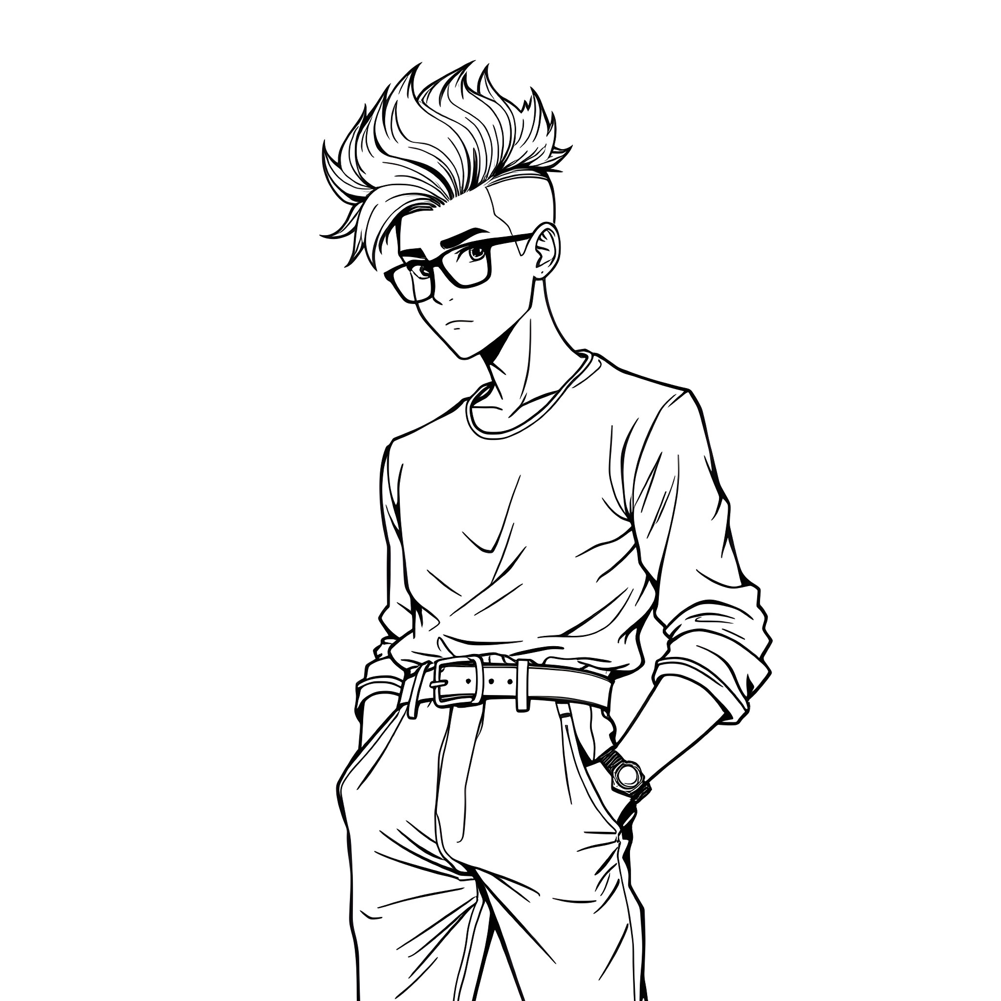 Teen Guy with Trendy Hairstyle and Casual Outfit Coloring Page (free black-and-white line drawing printable PDF for all, from beginners to advanced learners, including children, teens, adults, and seniors)