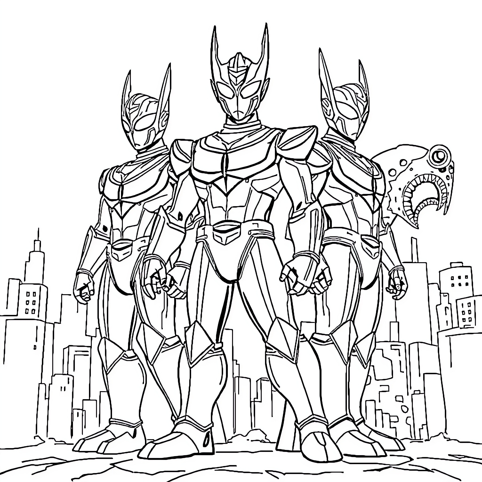 Ultraman heroes defending the city Coloring Page (free black-and-white line drawing printable PDF for all, from beginners to advanced learners, including children, teens, adults, and seniors)