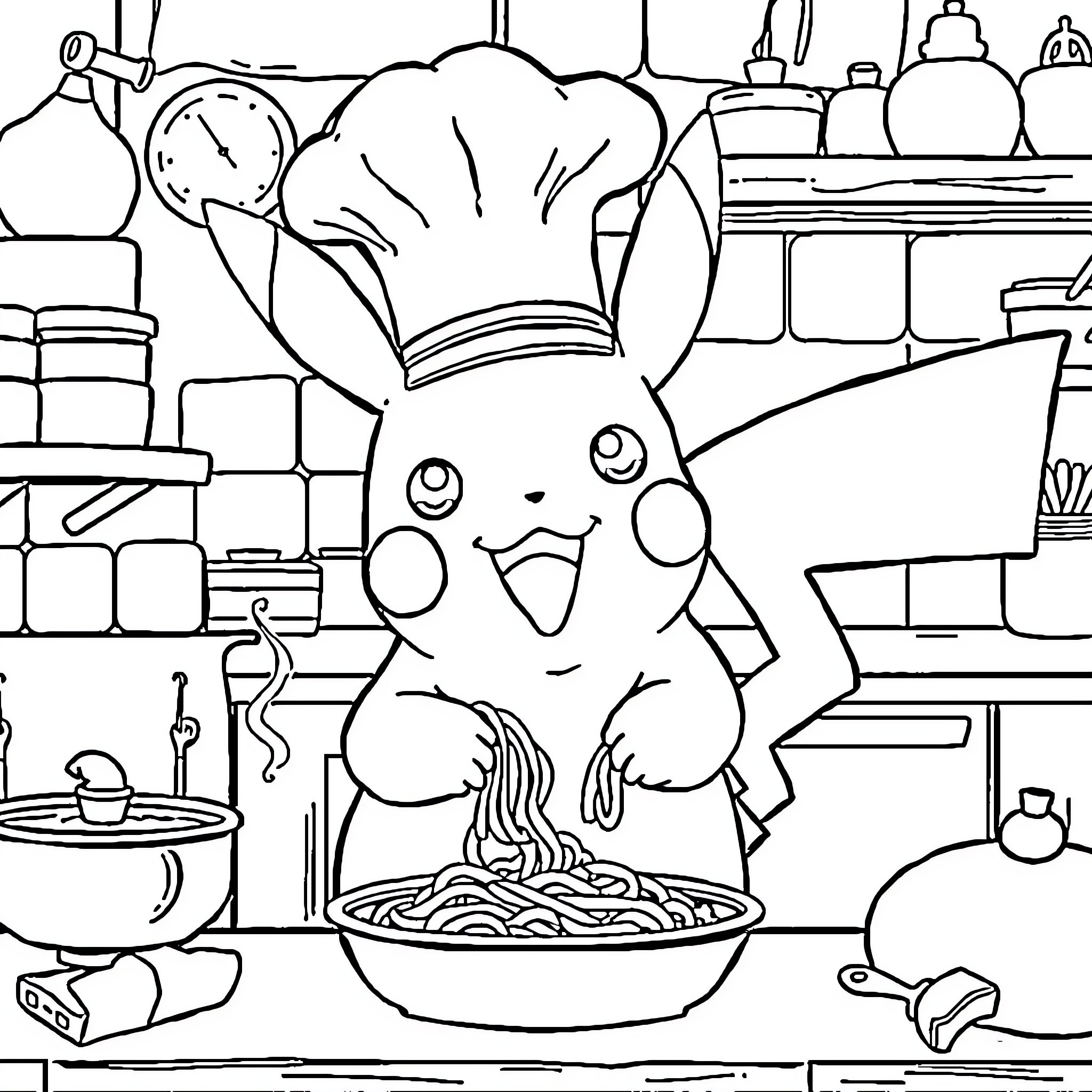 Pikachu as a Chef Cooking in the Kitchen Coloring Page (free black-and-white line drawing printable PDF for all, from beginners to advanced learners, including children, teens, adults, and seniors)