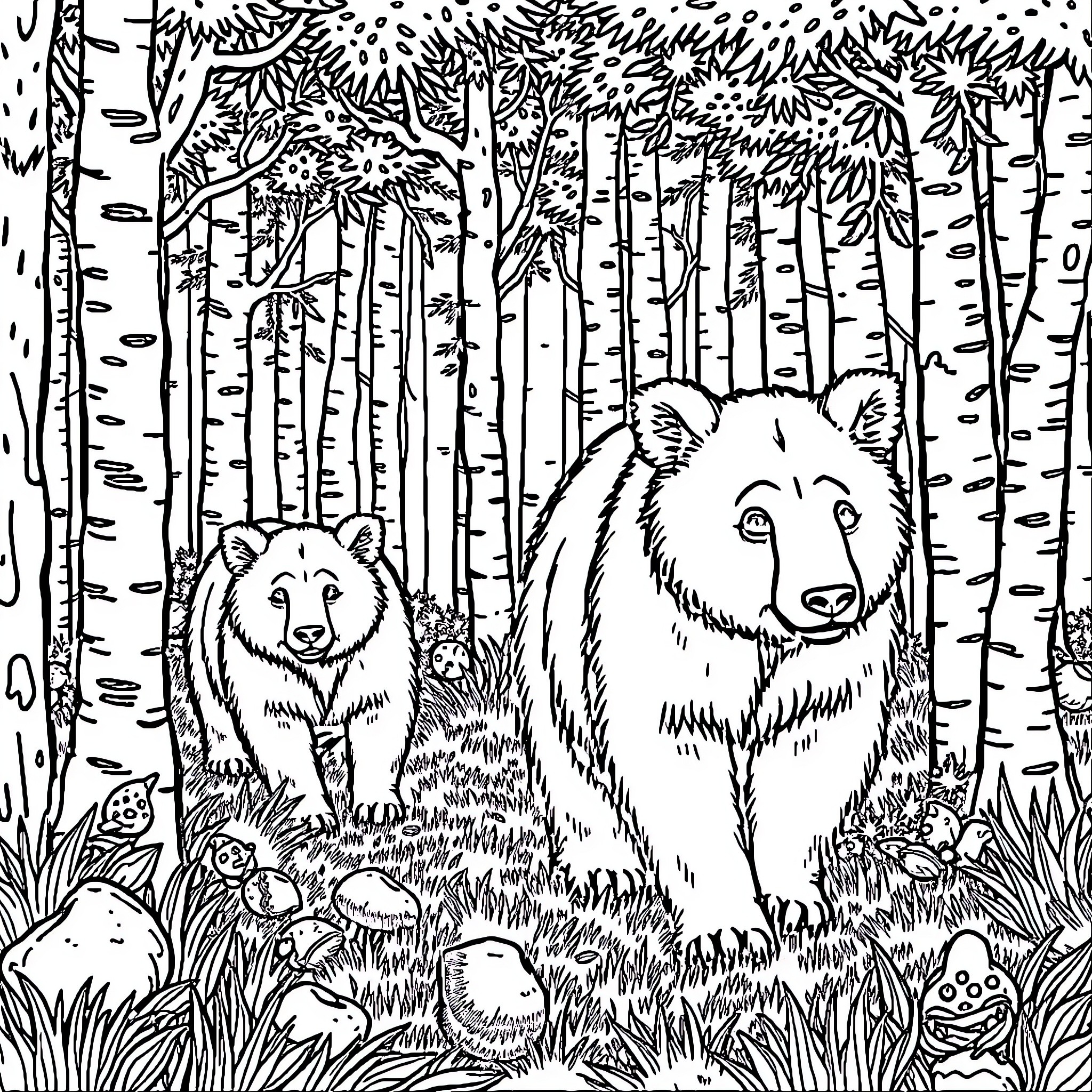 Bears Exploring the Enchanted Forest Coloring Page (free black-and-white line drawing printable PDF for all, from beginners to advanced learners, including children, teens, adults, and seniors)