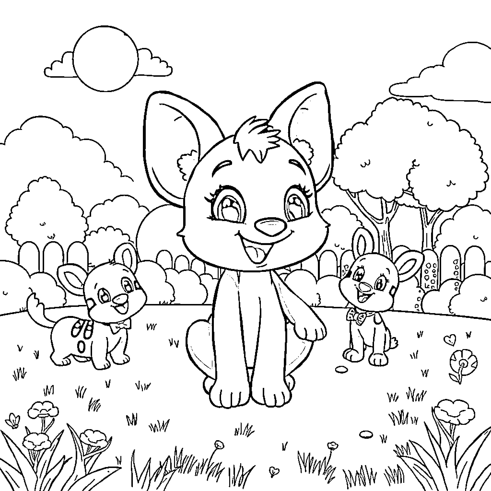 Bluey and Bingo explore the outdoor scene Coloring Page (free black-and-white line drawing printable PDF for all, from beginners to advanced learners, including children, teens, adults, and seniors)