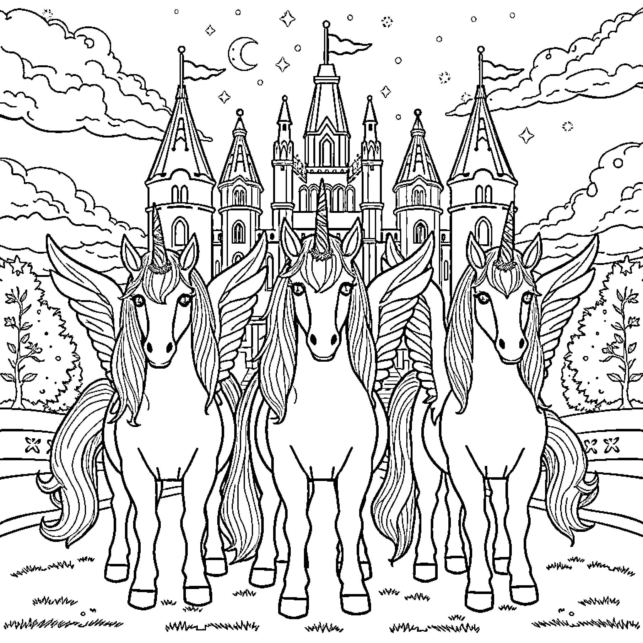 Unicorn Trio Approaching Enchanted Castle Coloring Page (free black-and-white line drawing printable PDF for all, from beginners to advanced learners, including children, teens, adults, and seniors)