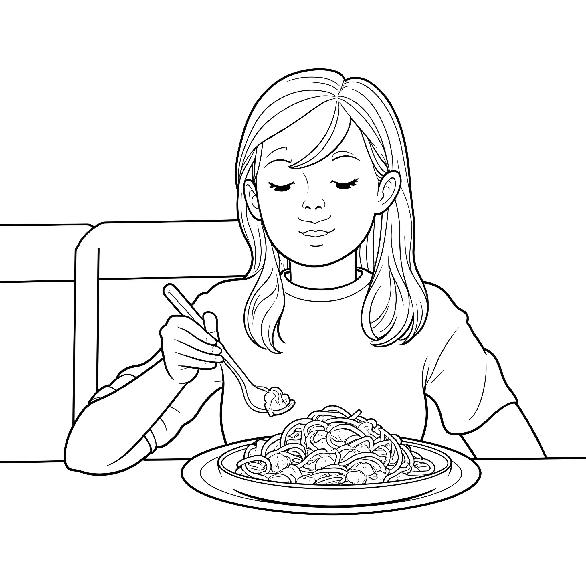Brain enjoying a hearty meal at the table Coloring Page (free black-and-white line drawing printable PDF for all, from beginners to advanced learners, including children, teens, adults, and seniors)