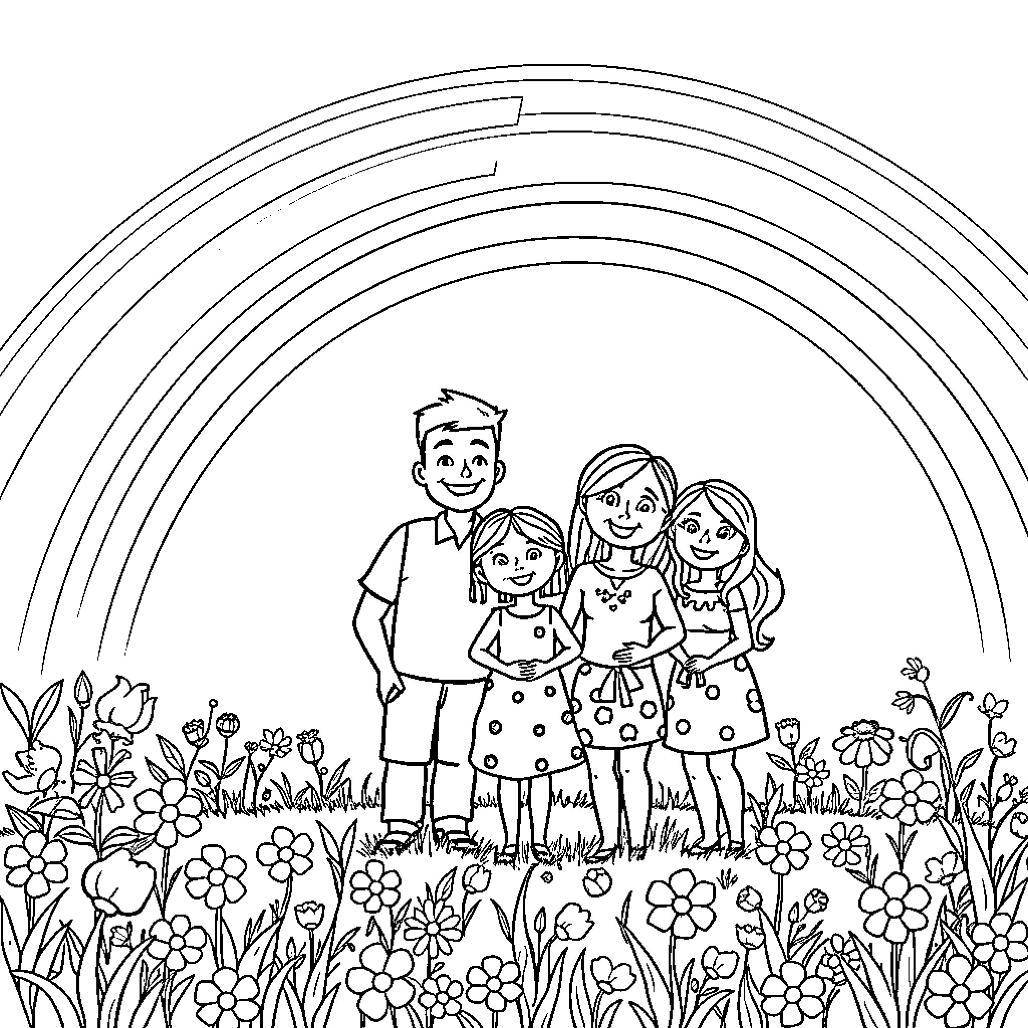 Family enjoying nature together in the garden Coloring Page (free black-and-white line drawing printable PDF for all, from beginners to advanced learners, including children, teens, adults, and seniors)