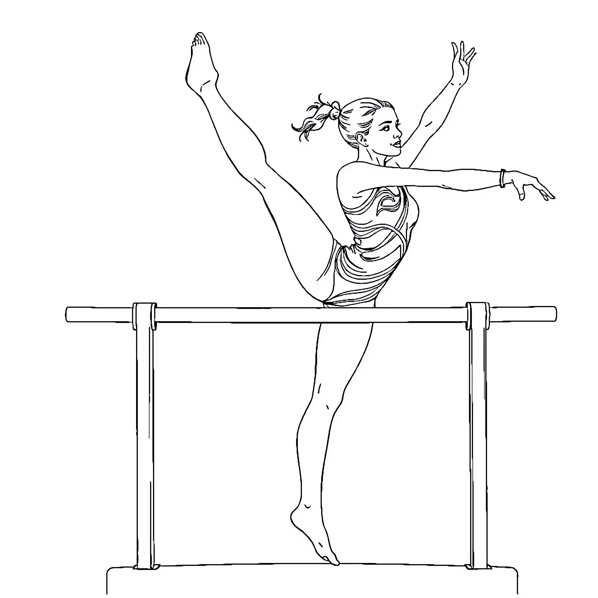 Gymnast Performing Balanced Routine on Uneven Bars Coloring Page (free black-and-white line drawing printable PDF for all, from beginners to advanced learners, including children, teens, adults, and seniors)