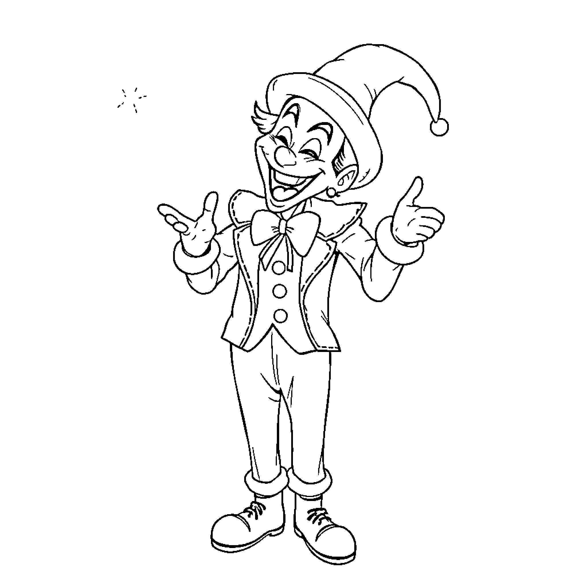 Joker character in a whimsical outfit making a gesture Coloring Page (free black-and-white line drawing printable PDF for all, from beginners to advanced learners, including children, teens, adults, and seniors)