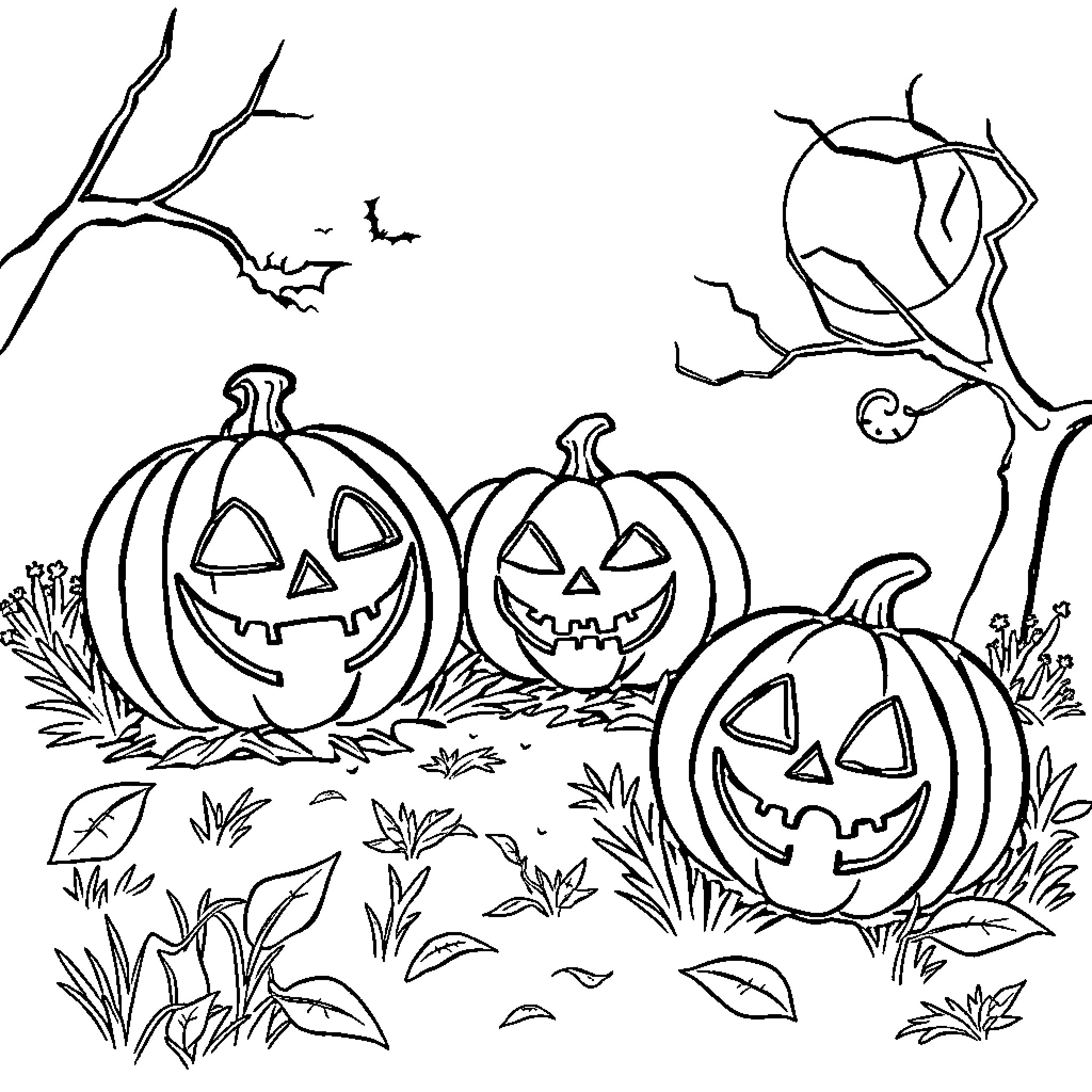 Halloween pumpkin patch with creepy trees Coloring Page (free black-and-white line drawing printable PDF for all, from beginners to advanced learners, including children, teens, adults, and seniors)