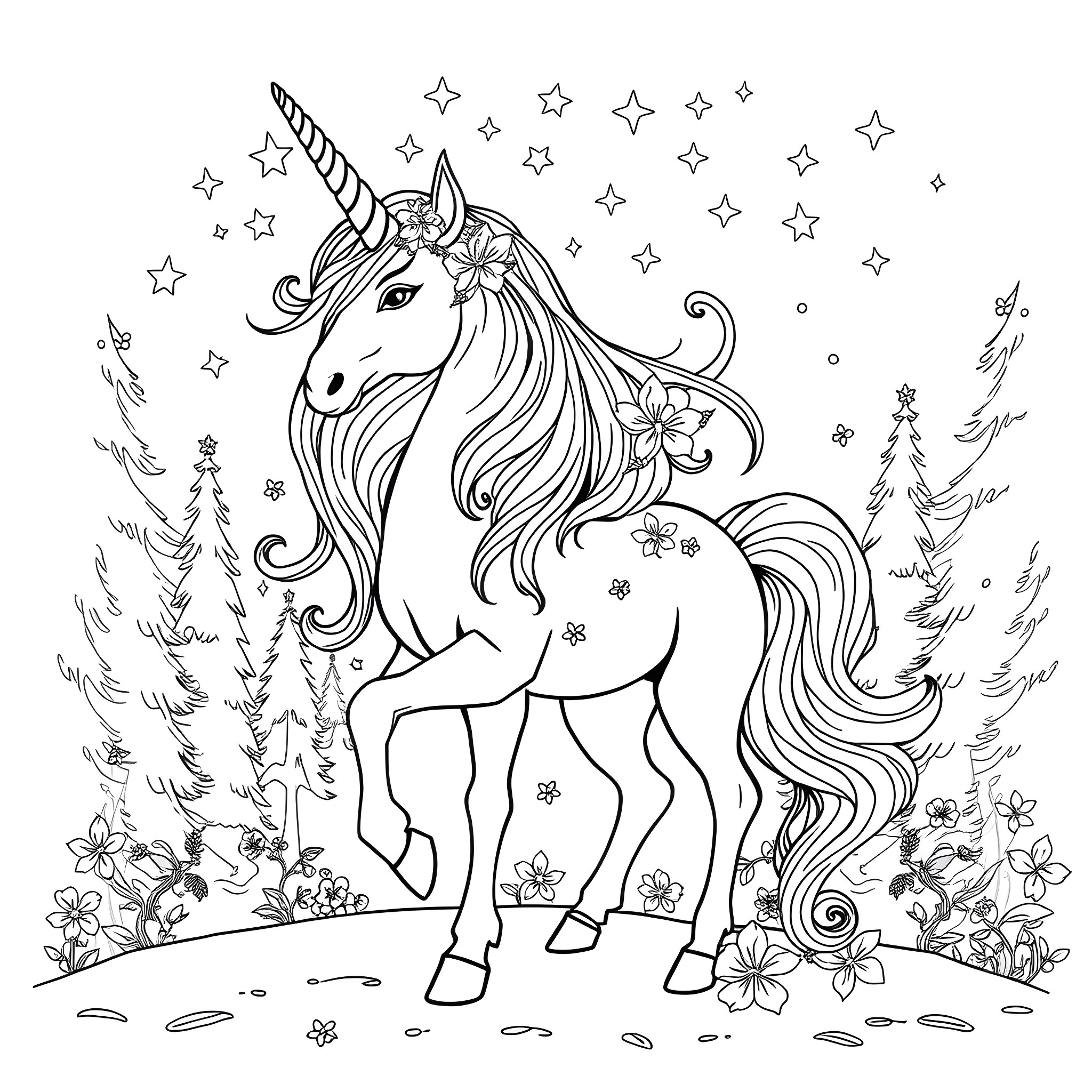 Unicorn with Floral Headpiece Strolling in Enchanted Forest Coloring Page (free black-and-white line drawing printable PDF for all, from beginners to advanced learners, including children, teens, adults, and seniors)