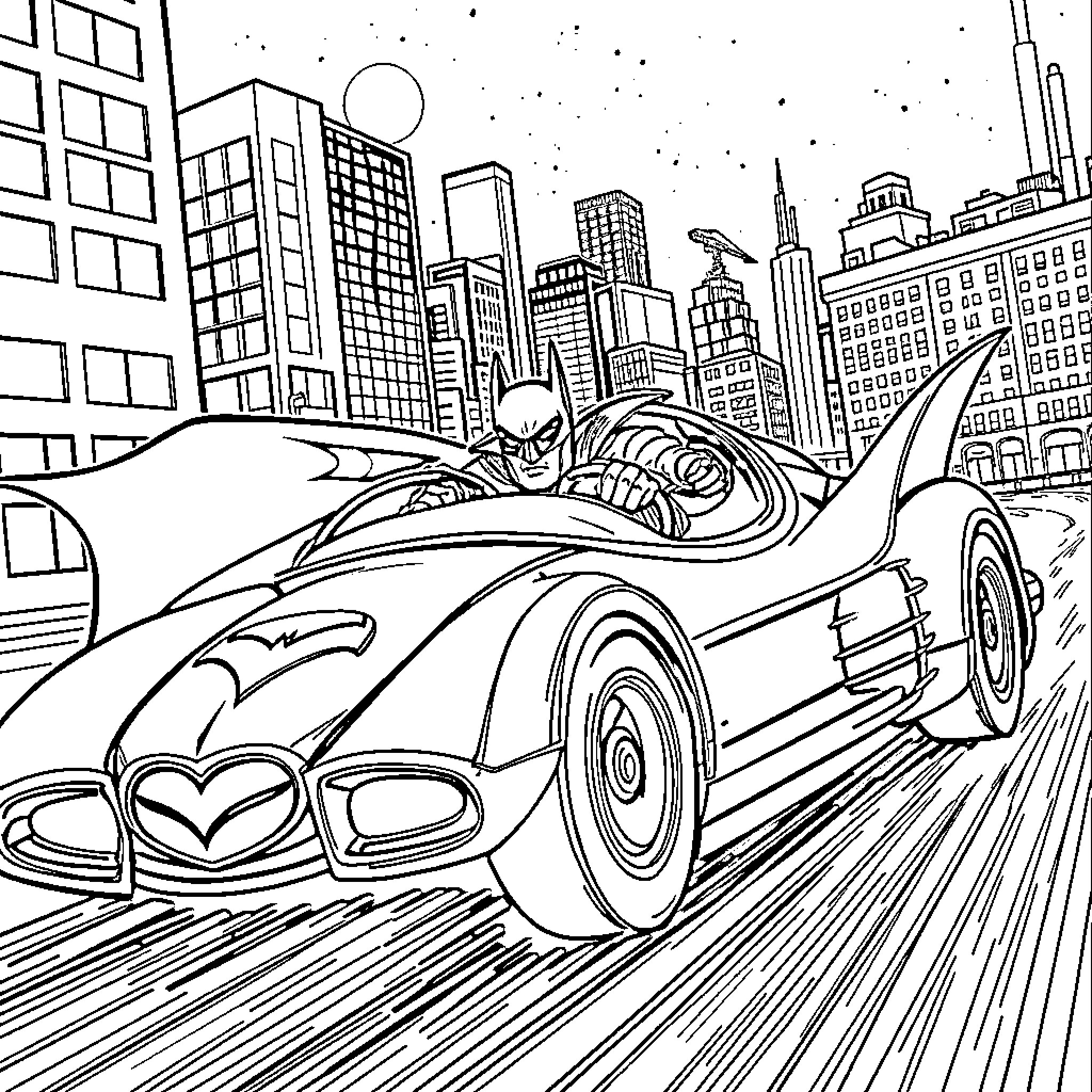 Batman driving his iconic batmobile through the city Coloring Page (free black-and-white line drawing printable PDF for all, from beginners to advanced learners, including children, teens, adults, and seniors)