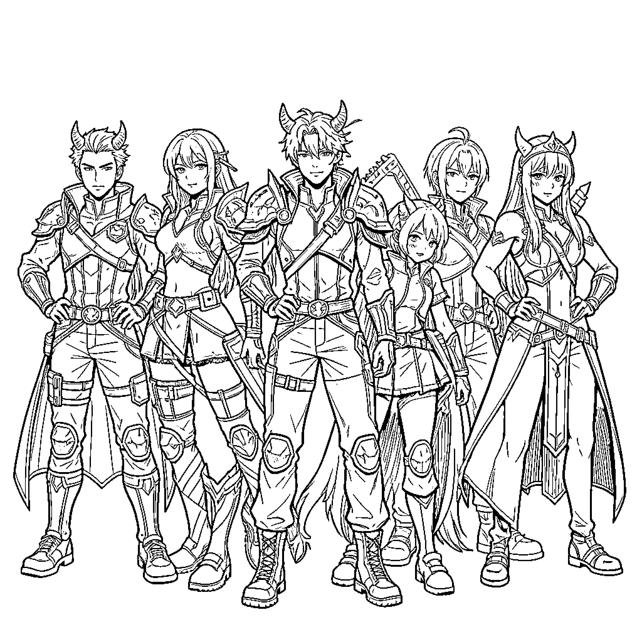 Kpop Demon Hunter group posing in heroic fantasy armor Coloring Page (free black-and-white line drawing printable PDF for all, from beginners to advanced learners, including children, teens, adults, and seniors)