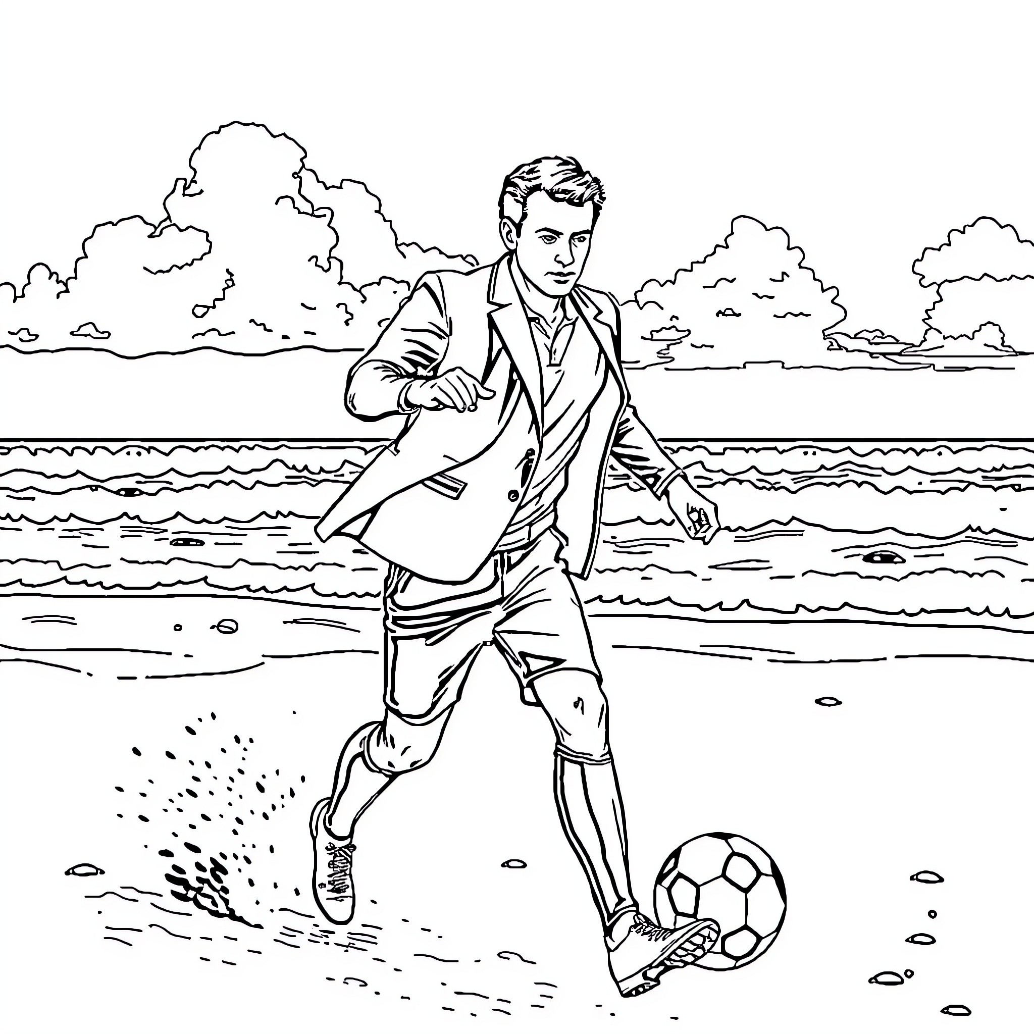 President playing soccer by the beach Coloring Page (free black-and-white line drawing printable PDF for all, from beginners to advanced learners, including children, teens, adults, and seniors)