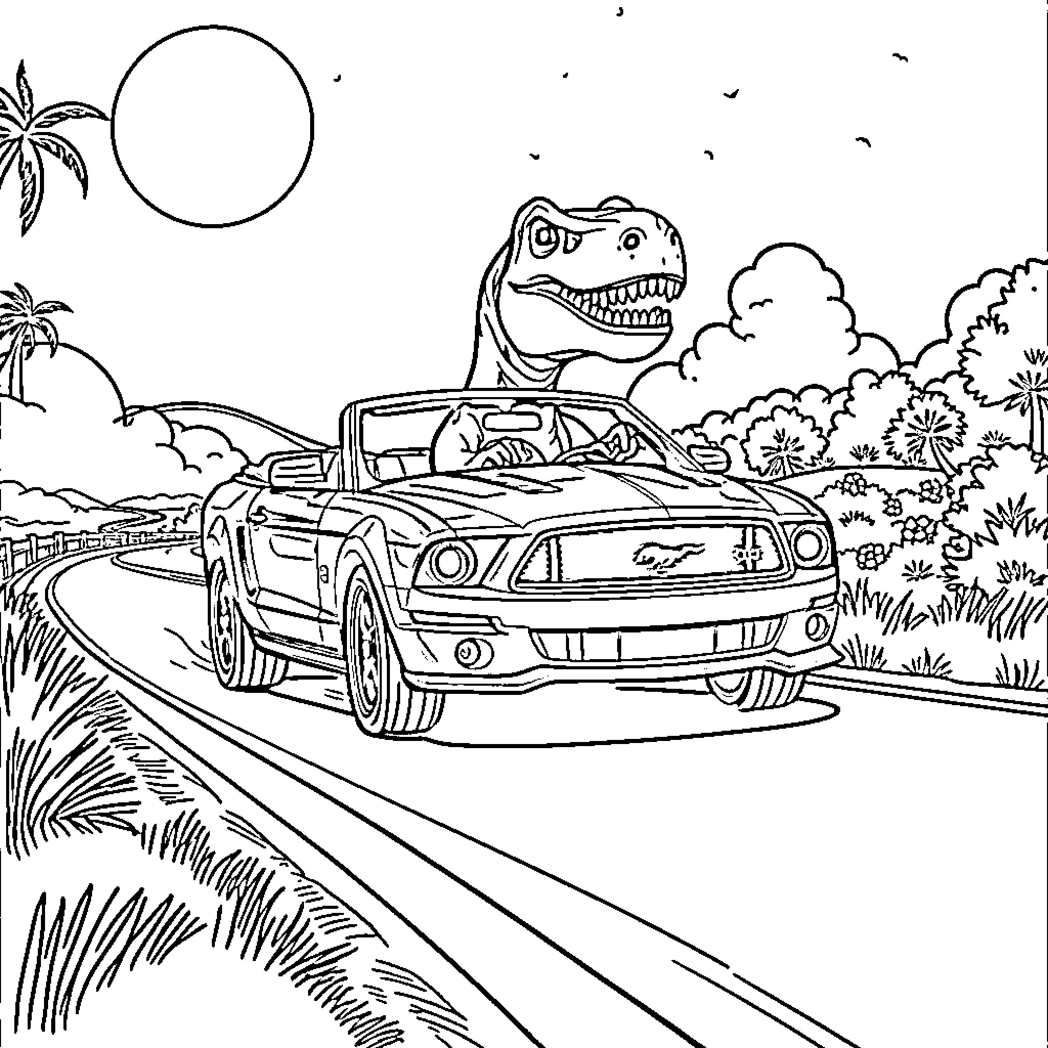 T-Rex driving a sports car on a jungle road Coloring Page (free black-and-white line drawing printable PDF for all, from beginners to advanced learners, including children, teens, adults, and seniors)