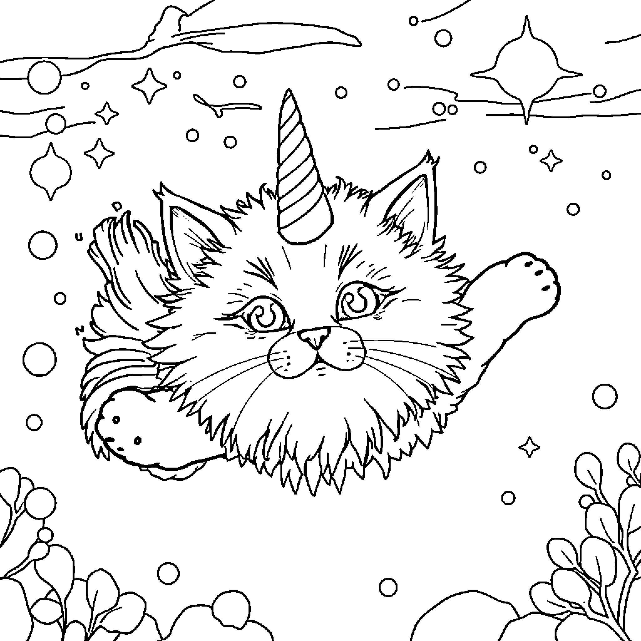 Cat in a whimsical fantasy world Coloring Page (free black-and-white line drawing printable PDF for all, from beginners to advanced learners, including children, teens, adults, and seniors)